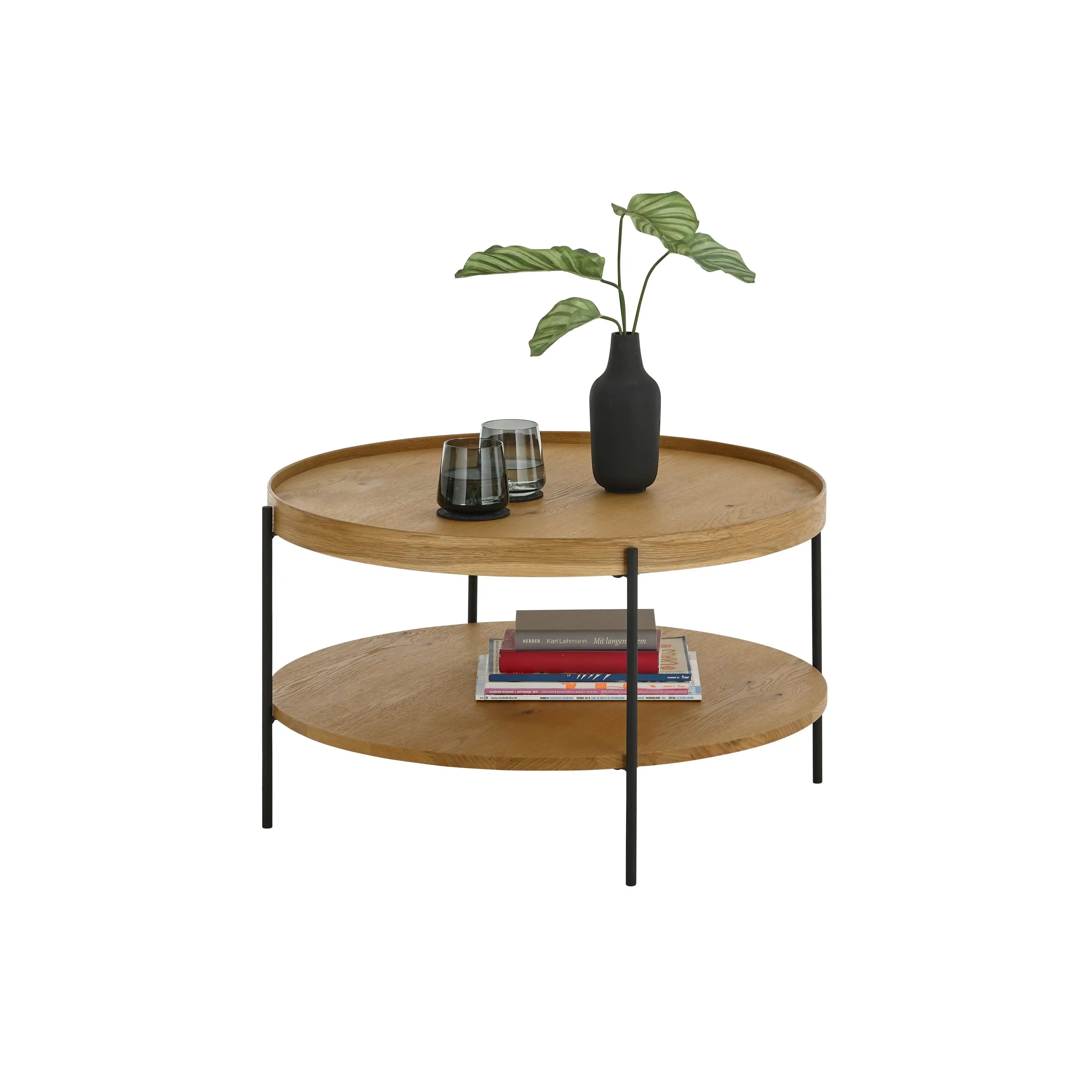 Arenal Couchtisch Aus Eiche Furniert Mit Schwarz Metallgestell Zweistöckig Rund