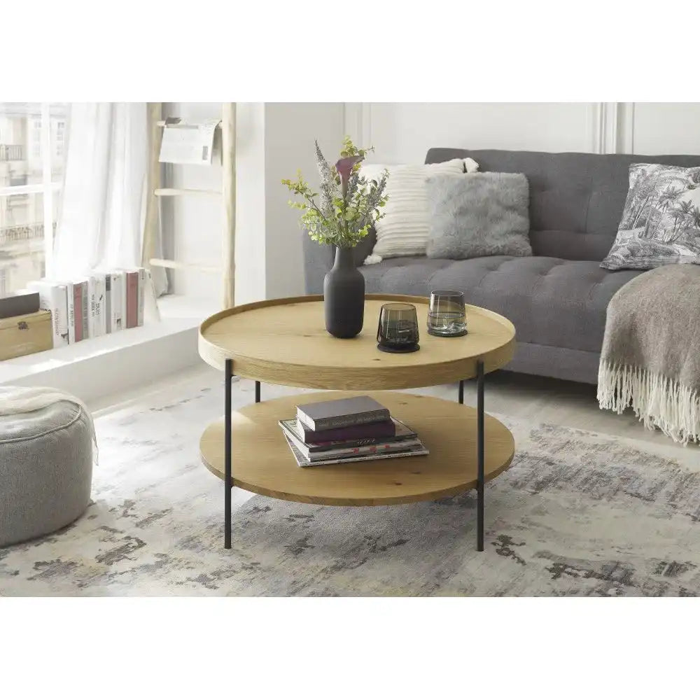 Arenal Couchtisch Aus Eiche Furniert Mit Schwarz Metallgestell Zweistöckig Rund