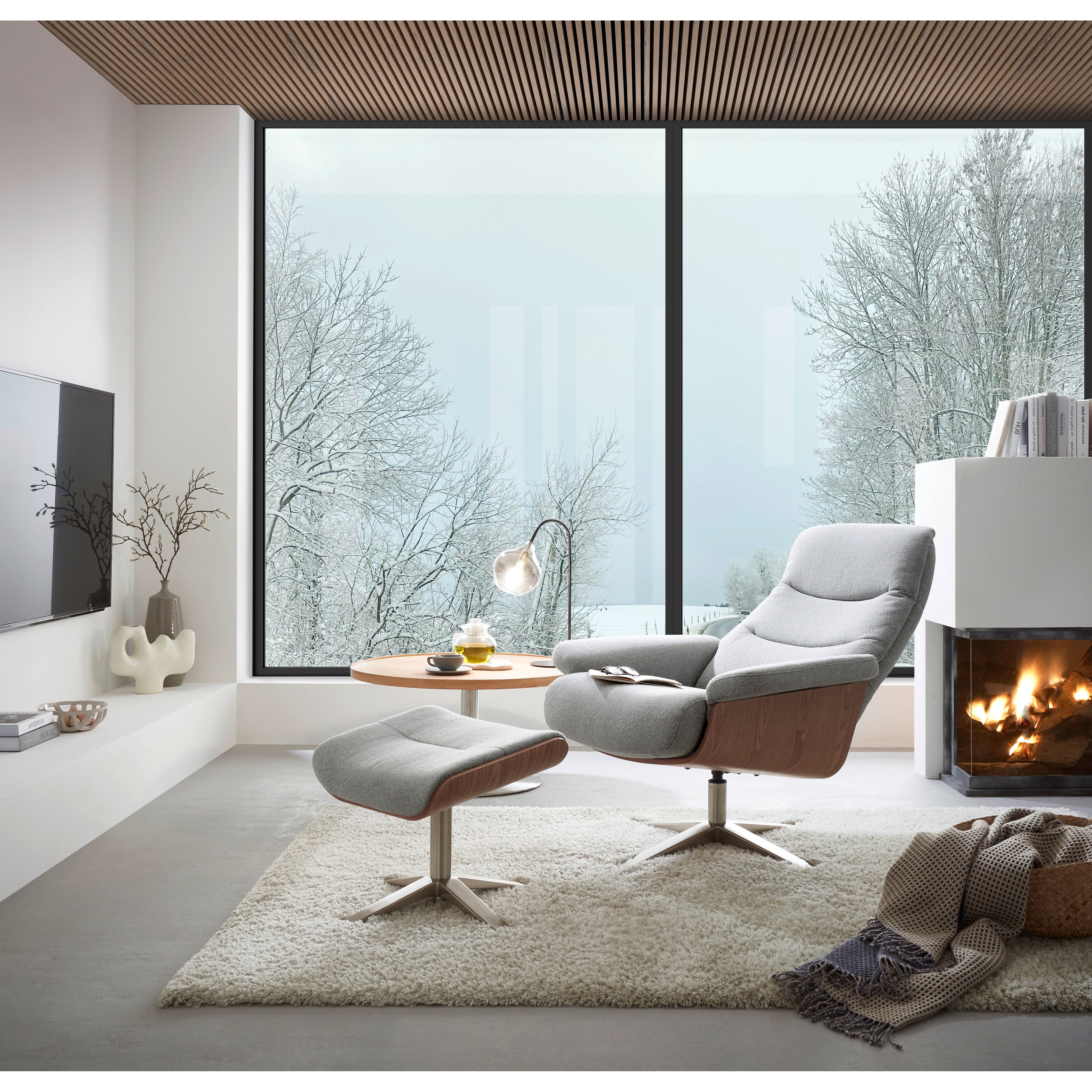 Amasra Loungesessel Mit Hocker Bouclé Lake Stoff 100 Prozent Polyester 360 Grad Drehbar Easy Glider Kopfstütze