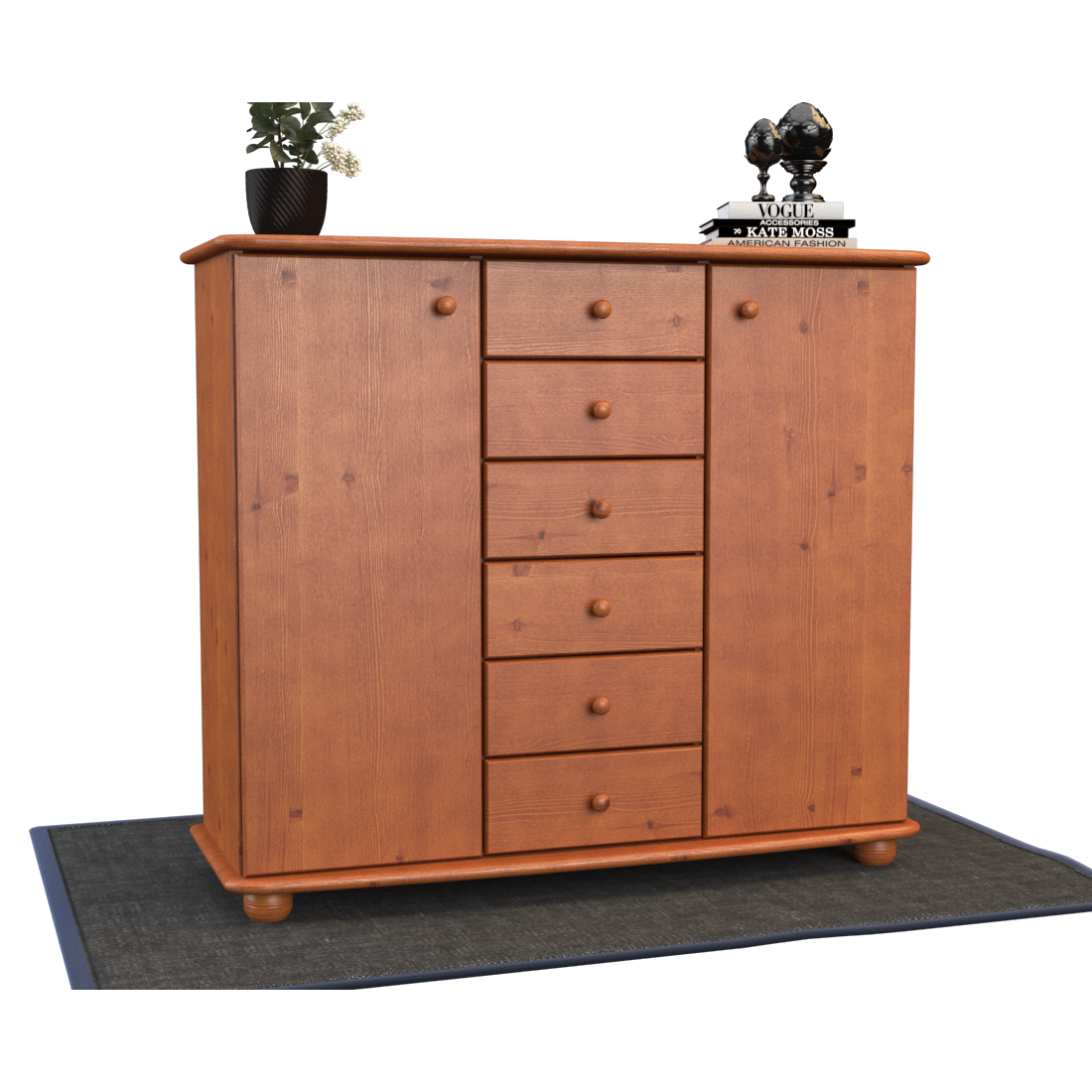 Anika Kommode Sideboard | Anrichte | 2-Türig | 6-Schubladen | 100% Bio Kiefer Massivholz