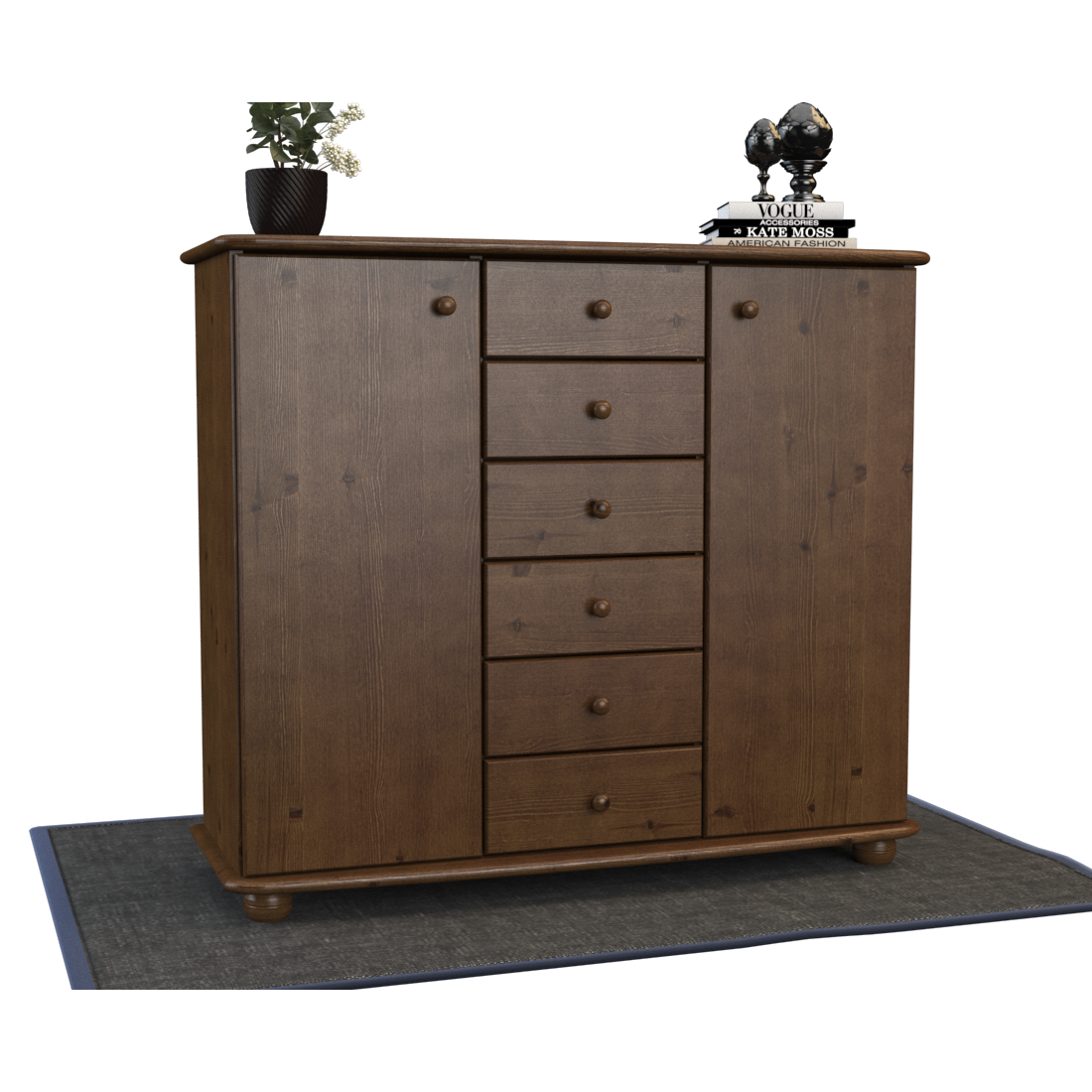 Anika Kommode Sideboard | Anrichte | 2-Türig | 6-Schubladen | 100% Bio Kiefer Massivholz