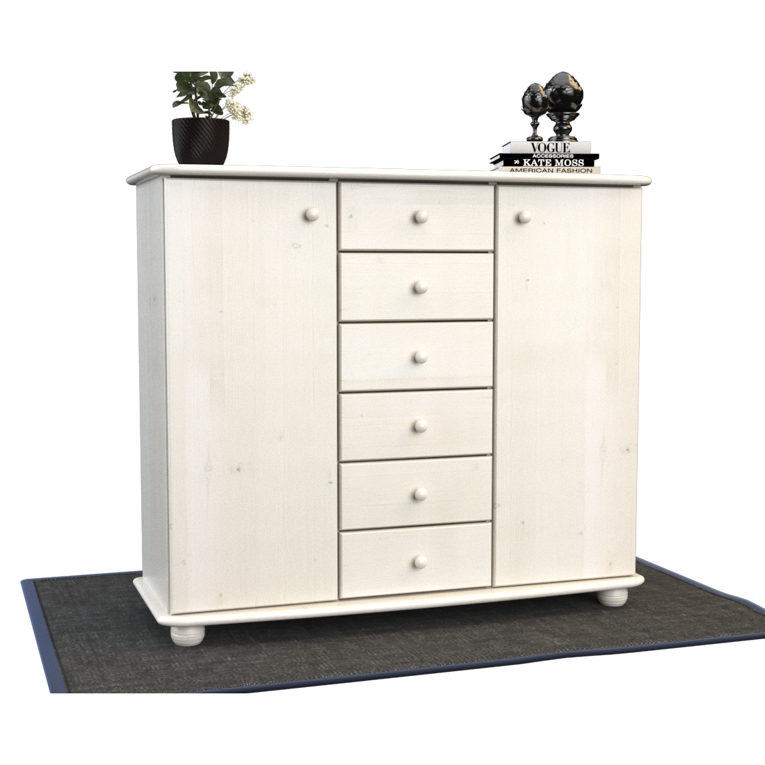 Anika Kommode Sideboard | Anrichte | 2-Türig | 6-Schubladen | 100% Bio Kiefer Massivholz