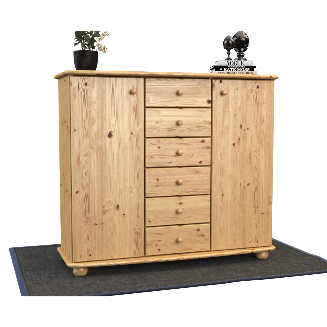 Anika Kommode Sideboard | Anrichte | 2-Türig | 6-Schubladen | 100% Bio Kiefer Massivholz