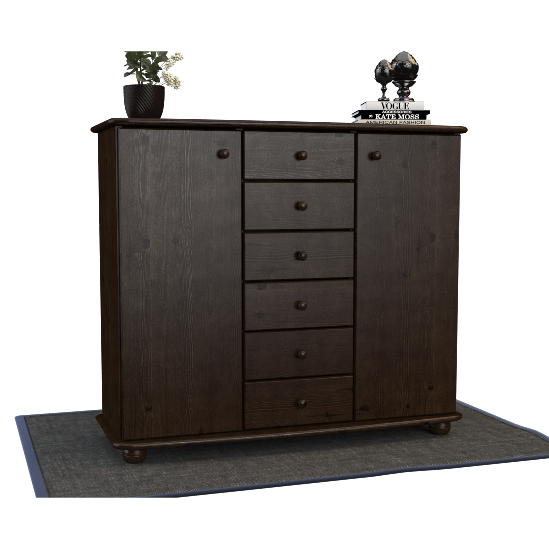 Anika Kommode Sideboard | Anrichte | 2-Türig | 6-Schubladen | 100% Bio Kiefer Massivholz