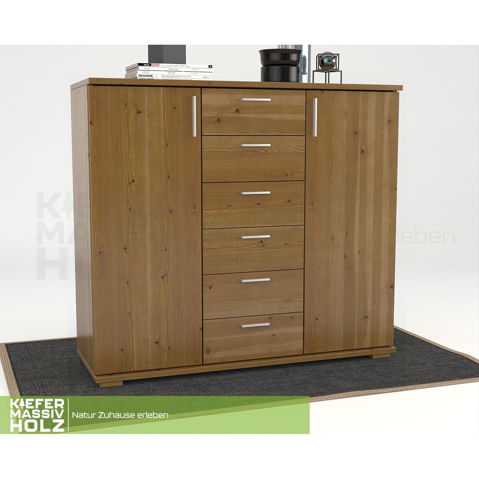 Nobis Kommode Sideboard | Anrichte | 2-Türig | 6-Schubladen | 107cm hoch | 100% Bio Kiefer Massivholz