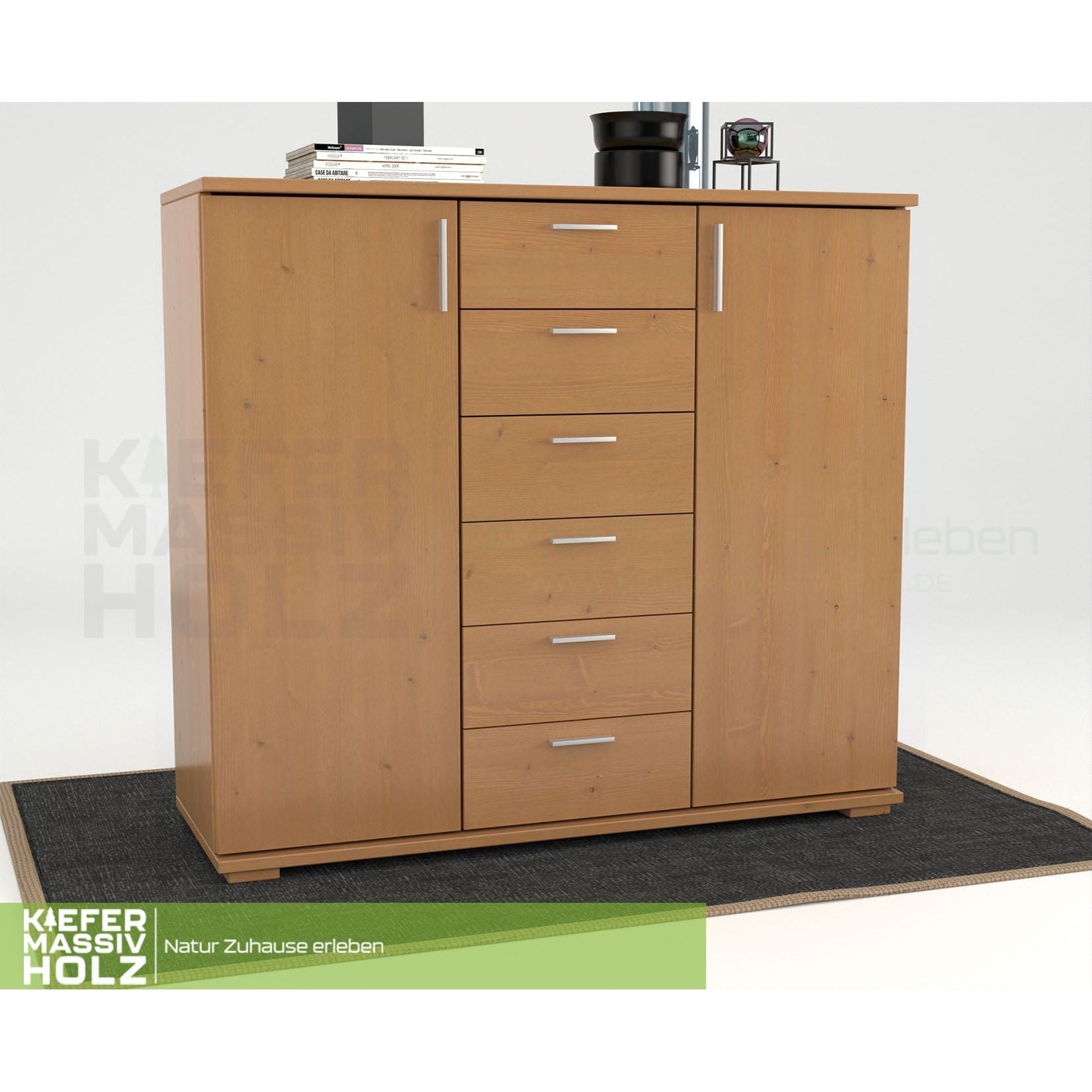 Nobis Kommode Sideboard | Anrichte | 2-Türig | 6-Schubladen | 107cm hoch | 100% Bio Kiefer Massivholz
