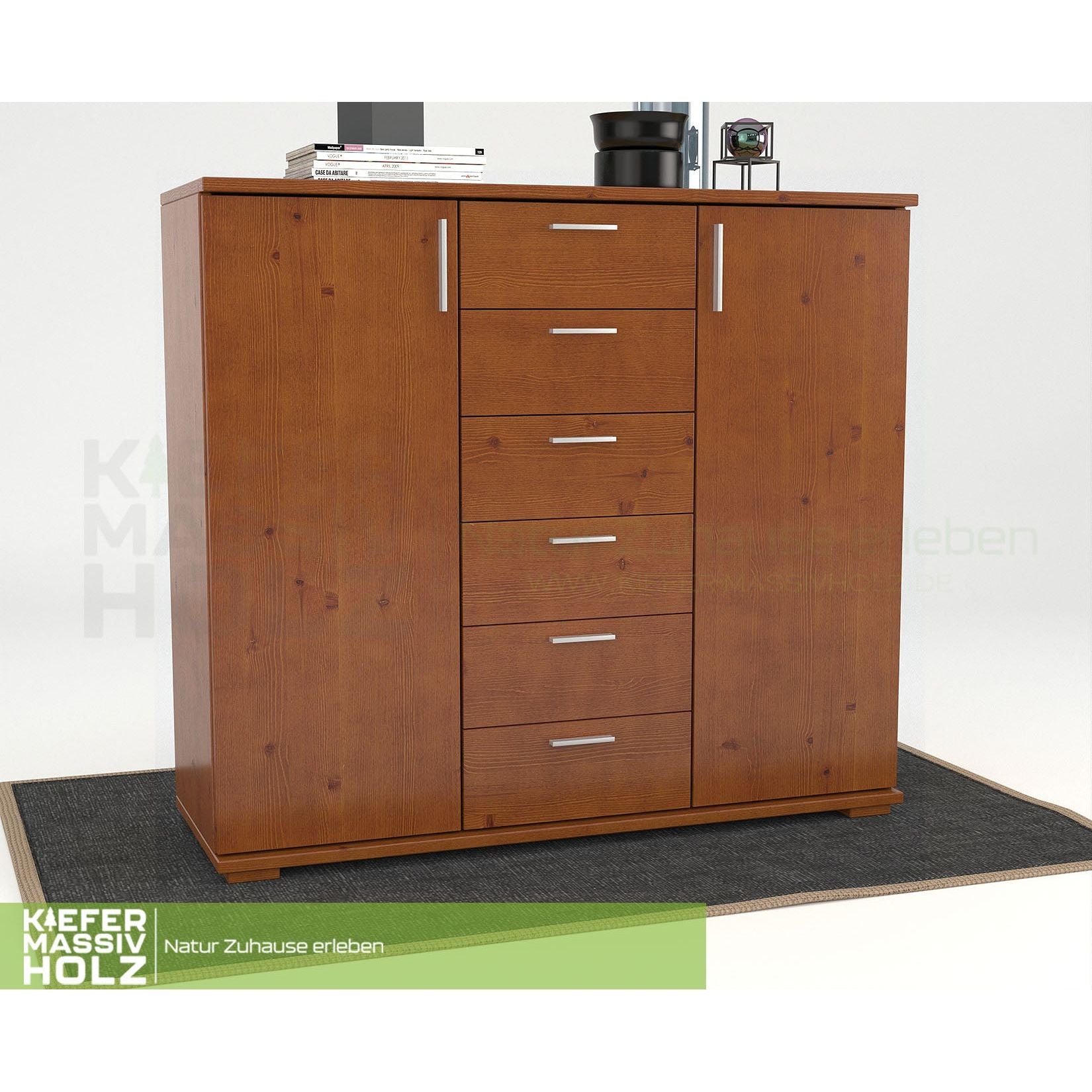 Nobis Kommode Sideboard | Anrichte | 2-Türig | 6-Schubladen | 107cm hoch | 100% Bio Kiefer Massivholz