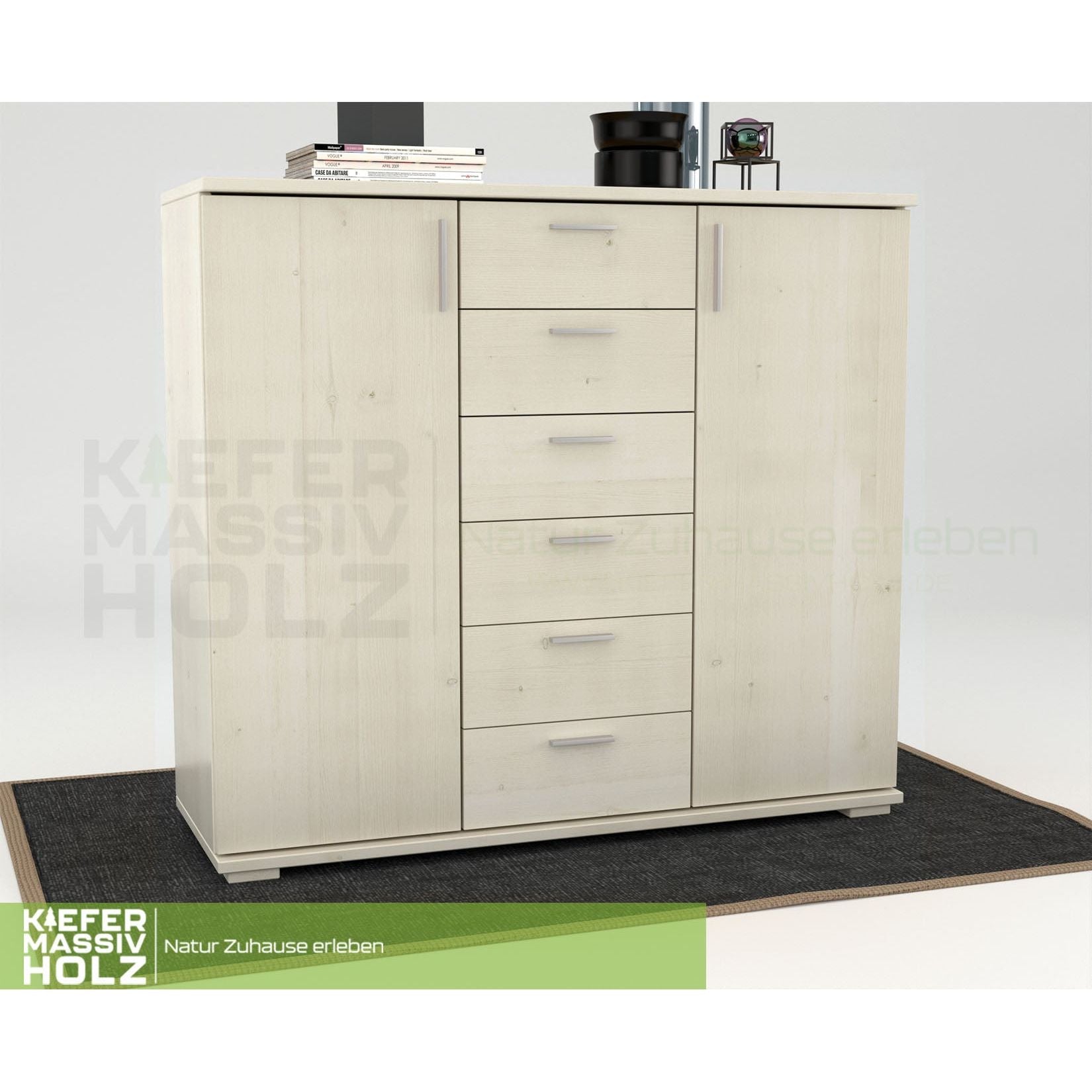 Nobis Kommode Sideboard | Anrichte | 2-Türig | 6-Schubladen | 107cm hoch | 100% Bio Kiefer Massivholz