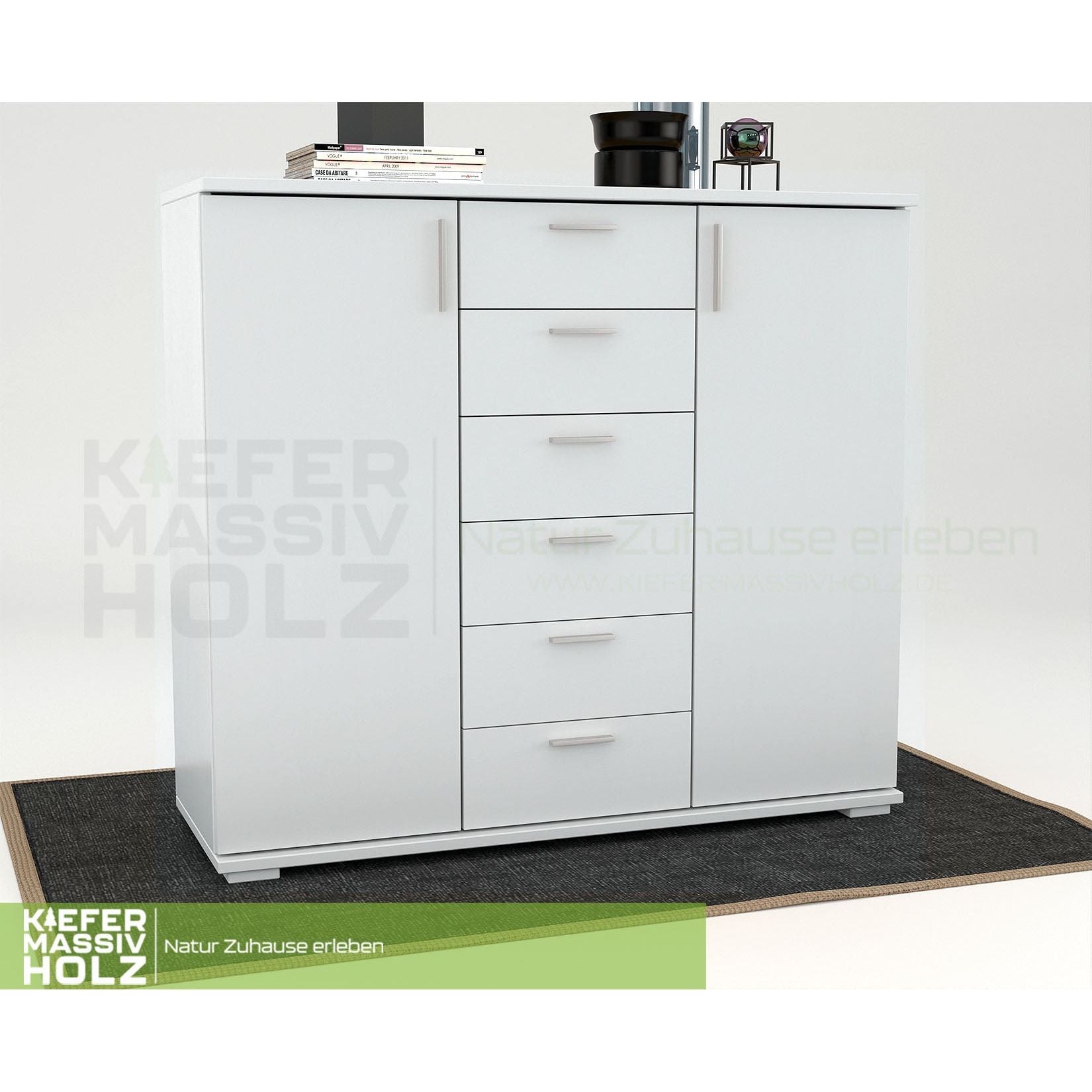 Nobis Kommode Sideboard | Anrichte | 2-Türig | 6-Schubladen | 107cm hoch | 100% Bio Kiefer Massivholz