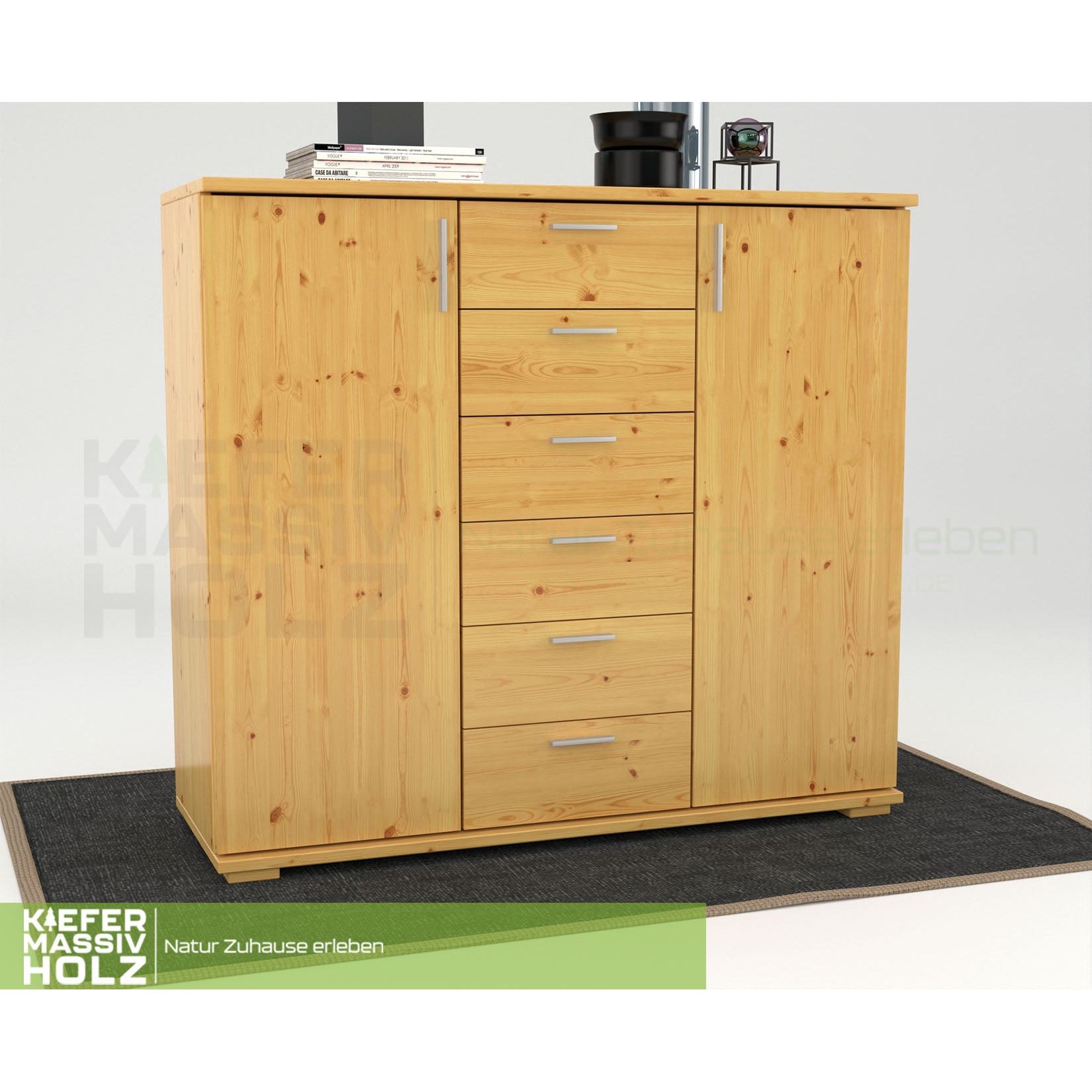 Nobis Kommode Sideboard | Anrichte | 2-Türig | 6-Schubladen | 107cm hoch | 100% Bio Kiefer Massivholz