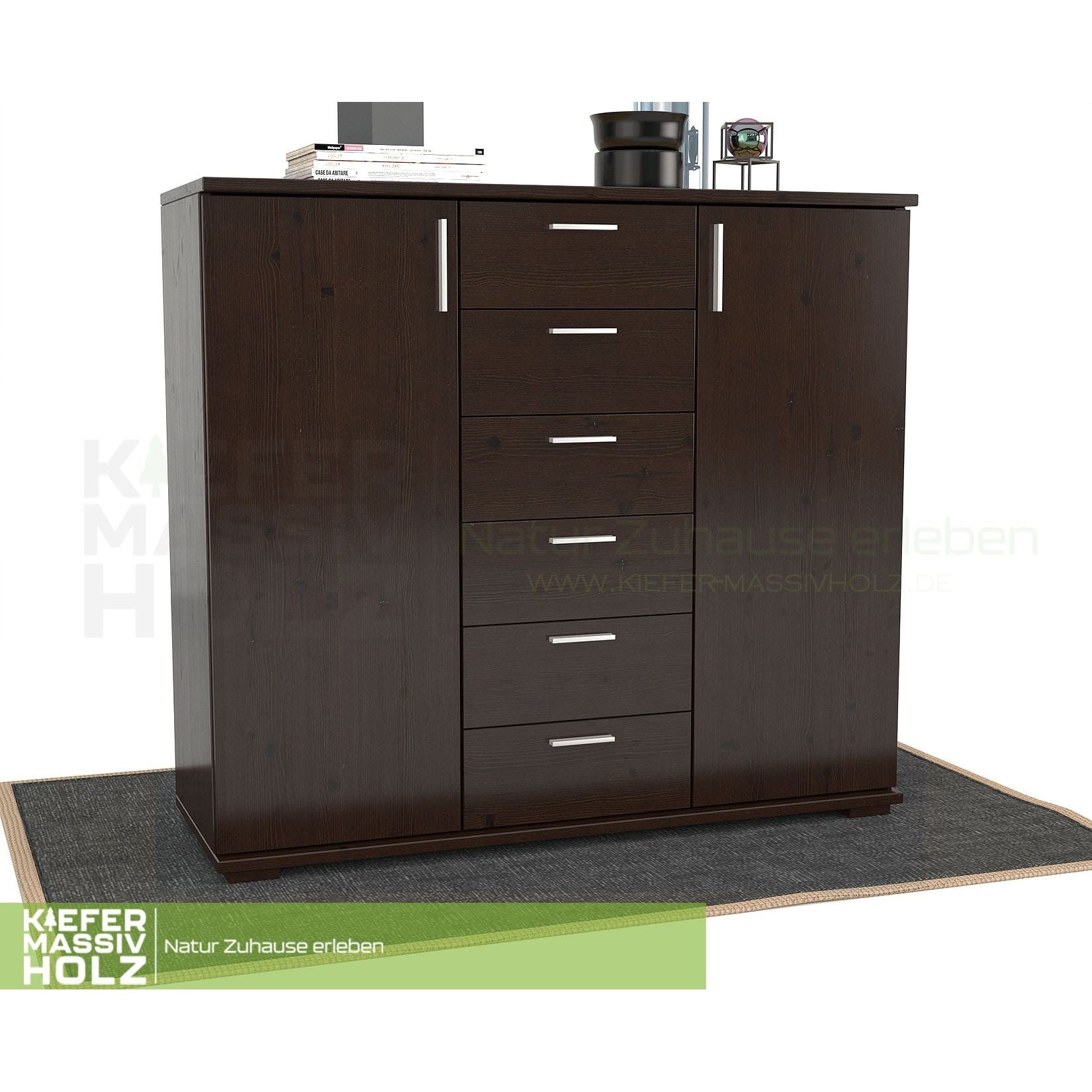 Nobis Kommode Sideboard | Anrichte | 2-Türig | 6-Schubladen | 107cm hoch | 100% Bio Kiefer Massivholz