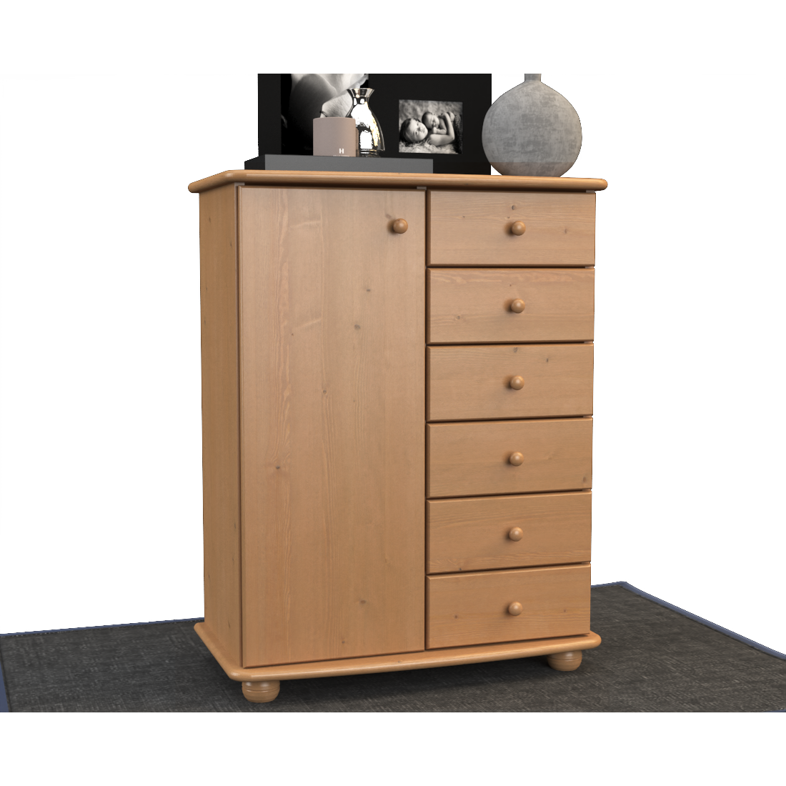 Anika Kommode Sideboard | Anrichte | 6-Schubladen | 1-Türig | 100% Bio Kiefer Massivholz