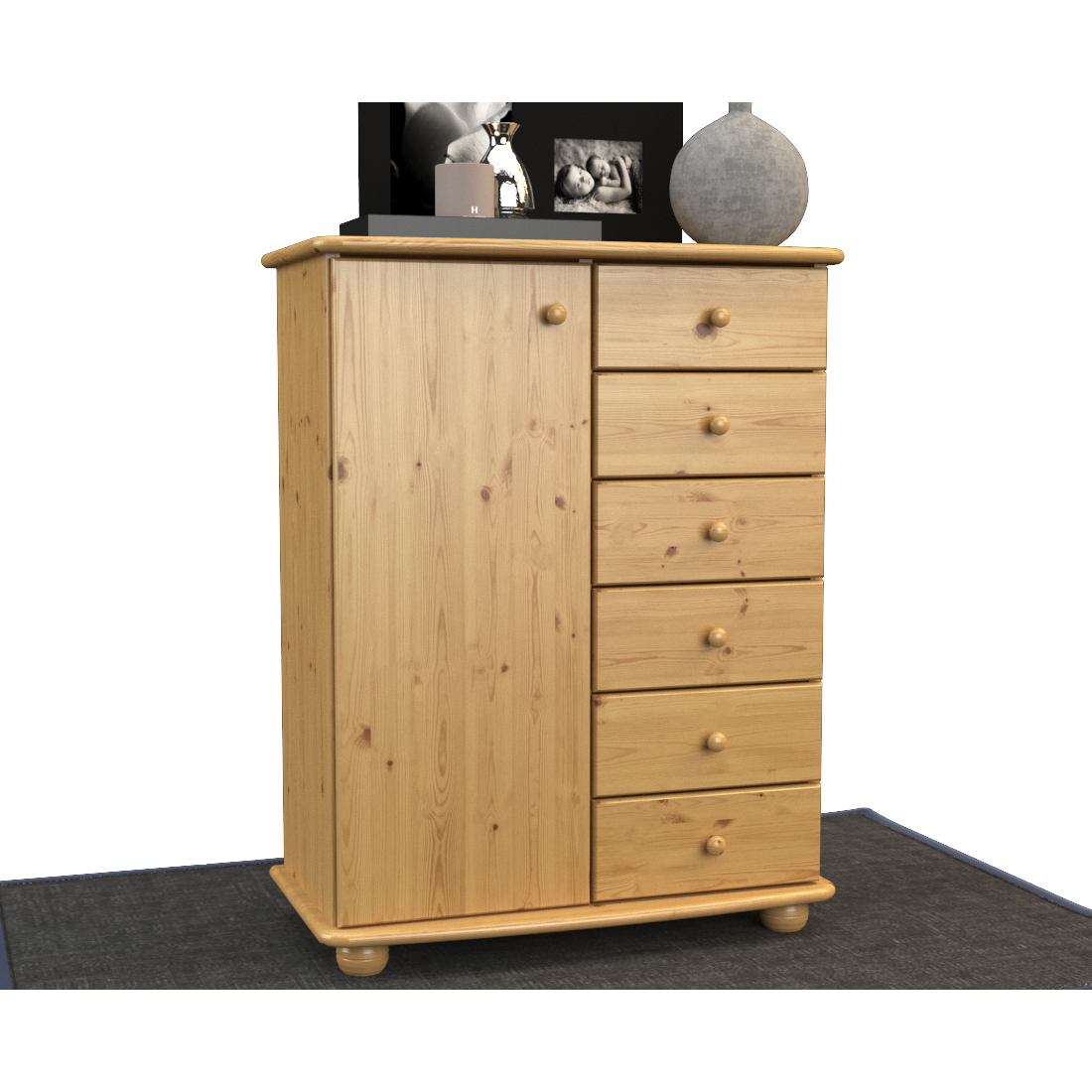 Anika Kommode Sideboard | Anrichte | 6-Schubladen | 1-Türig | 100% Bio Kiefer Massivholz