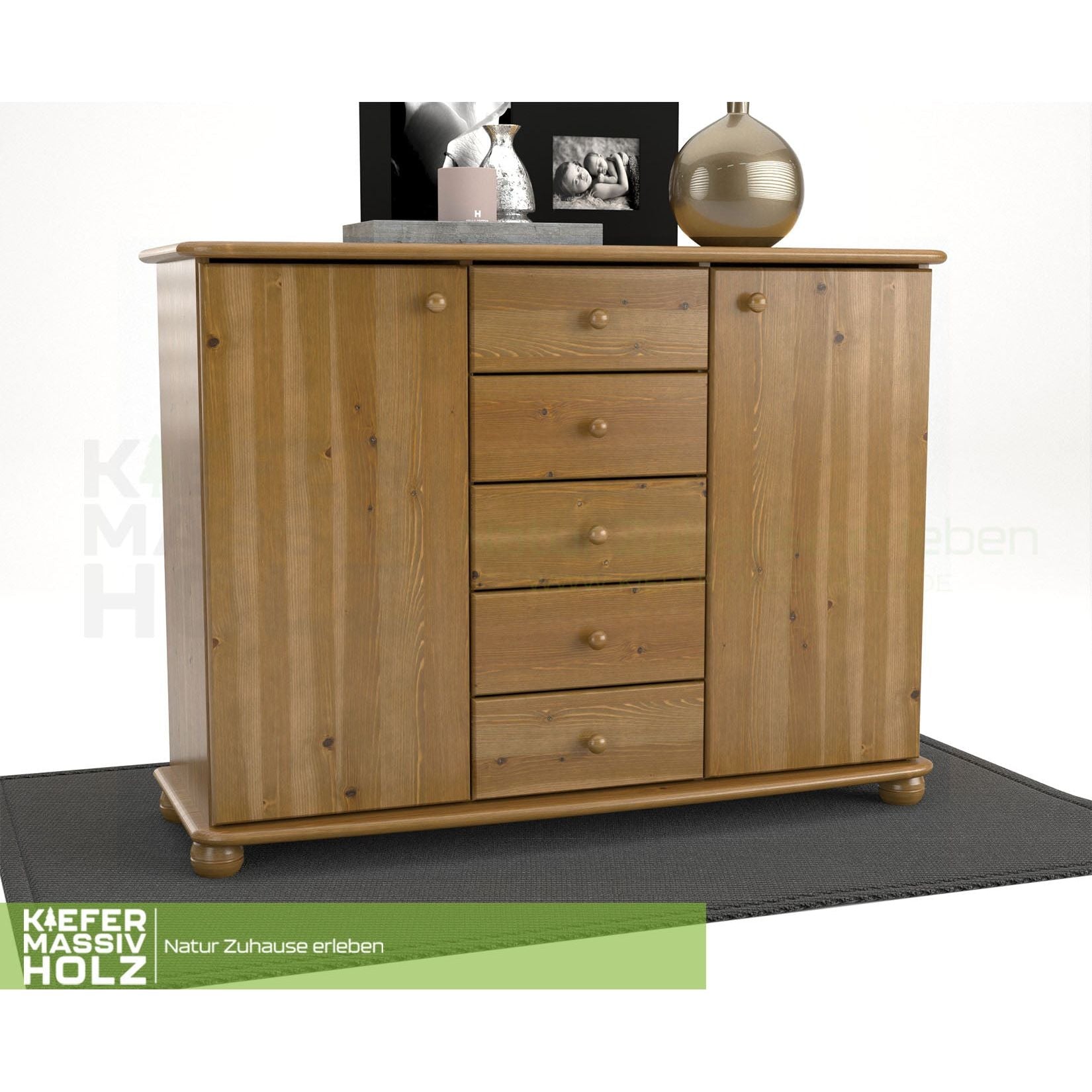 Anika Kommode Sideboard | Anrichte | 2-Türig | 5-Schubladen | 100% Bio Kiefer Massivholz