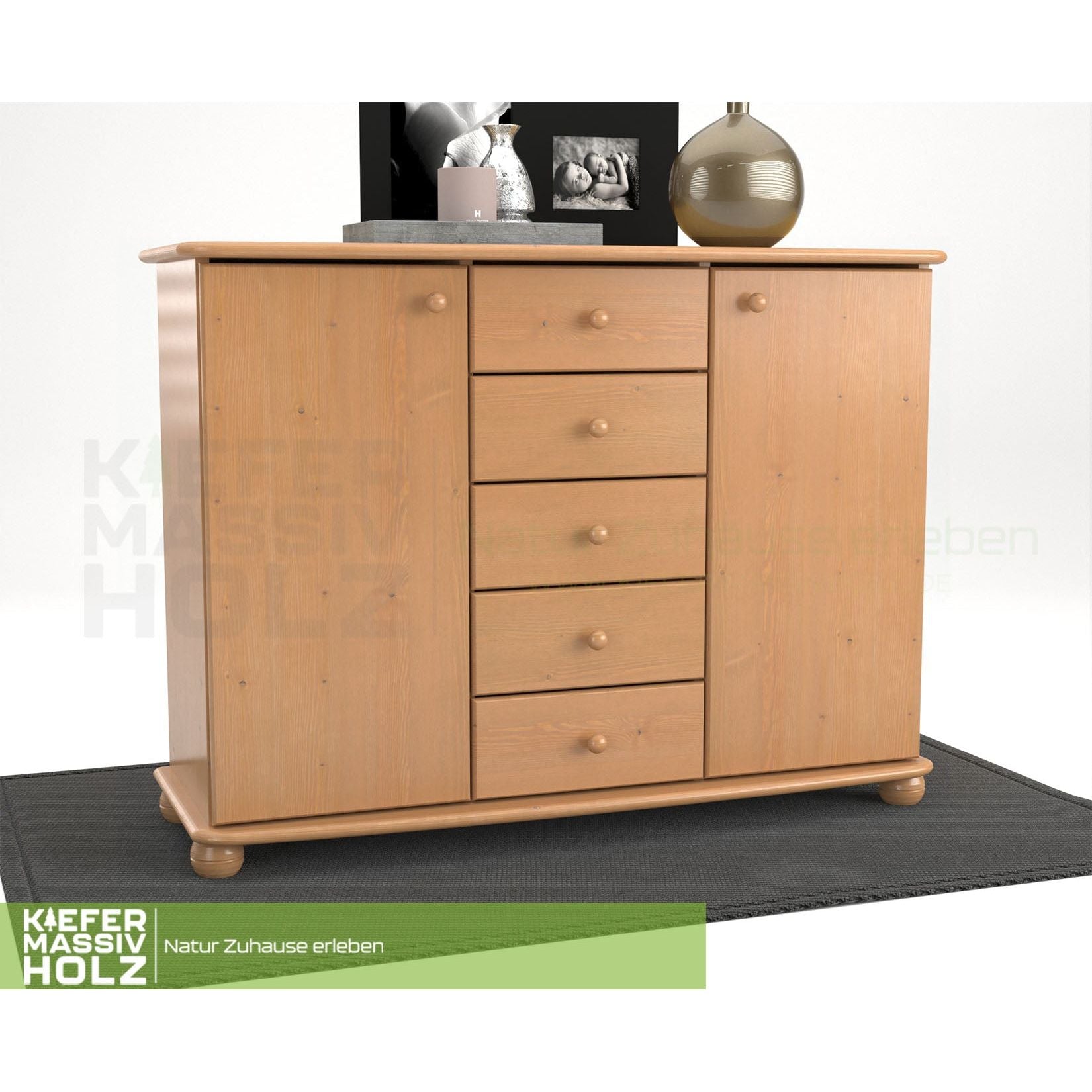 Anika Kommode Sideboard | Anrichte | 2-Türig | 5-Schubladen | 100% Bio Kiefer Massivholz