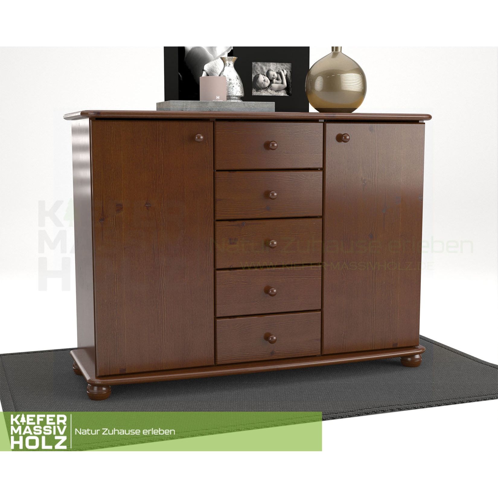 Anika Kommode Sideboard | Anrichte | 2-Türig | 5-Schubladen | 100% Bio Kiefer Massivholz