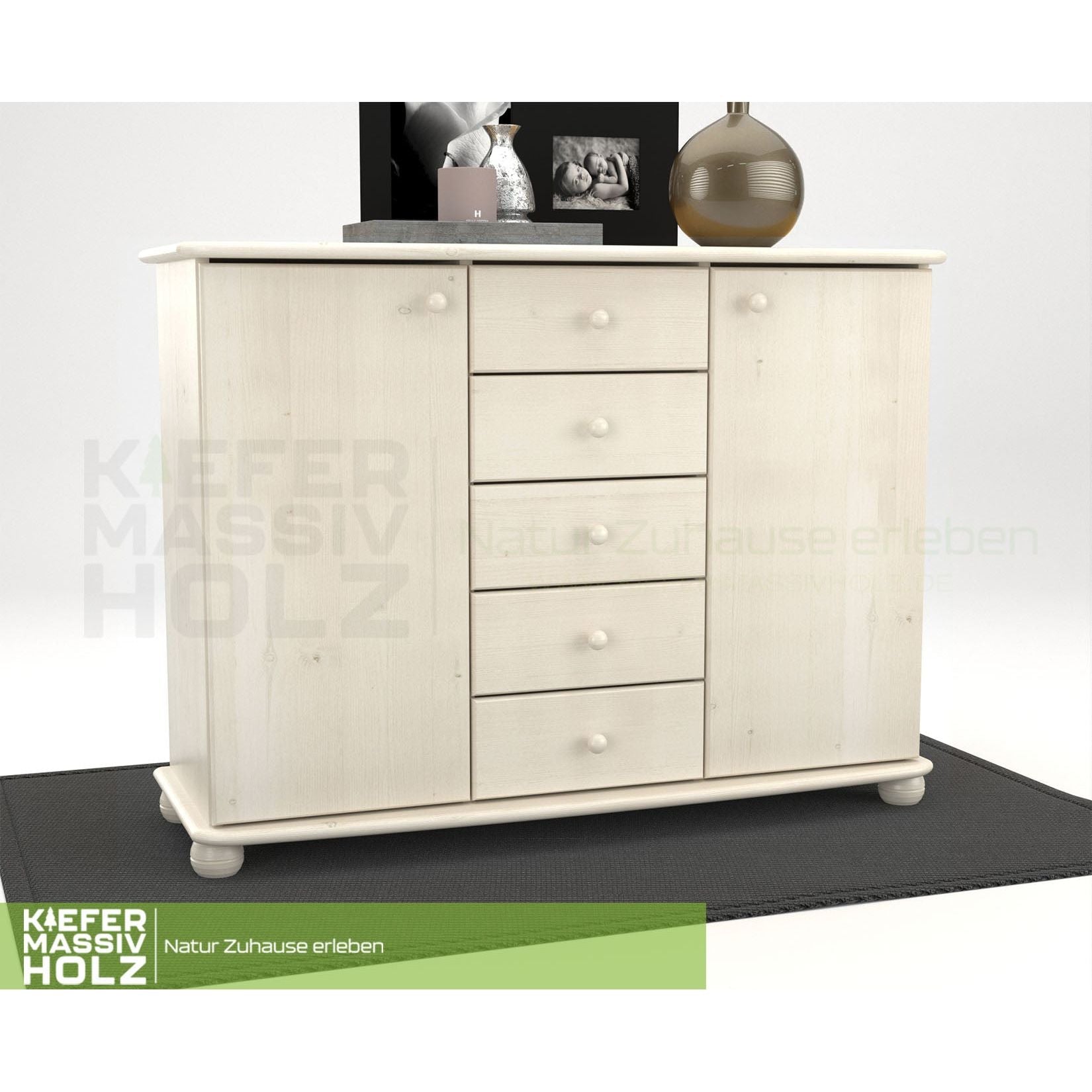 Anika Kommode Sideboard | Anrichte | 2-Türig | 5-Schubladen | 100% Bio Kiefer Massivholz