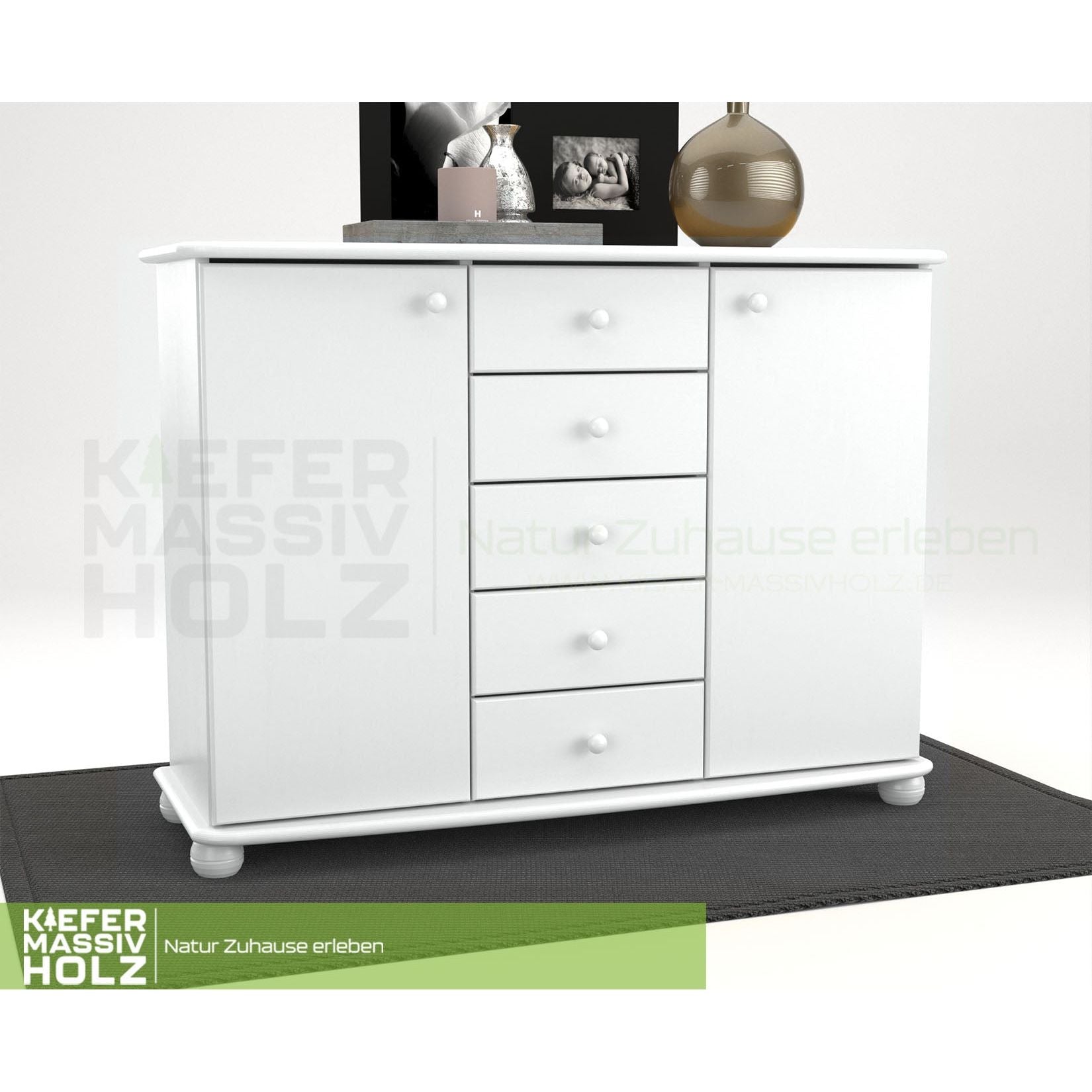 Anika Kommode Sideboard | Anrichte | 2-Türig | 5-Schubladen | 100% Bio Kiefer Massivholz