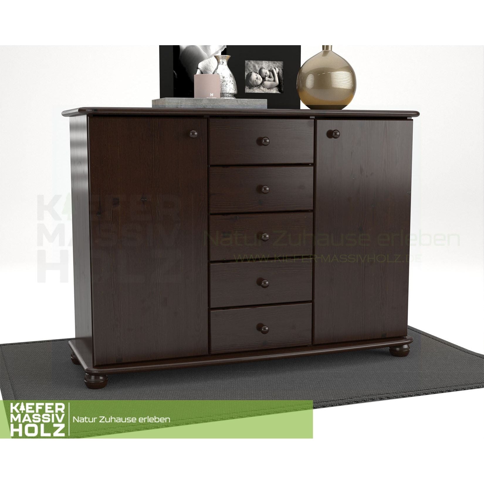 Anika Kommode Sideboard | Anrichte | 2-Türig | 5-Schubladen | 100% Bio Kiefer Massivholz