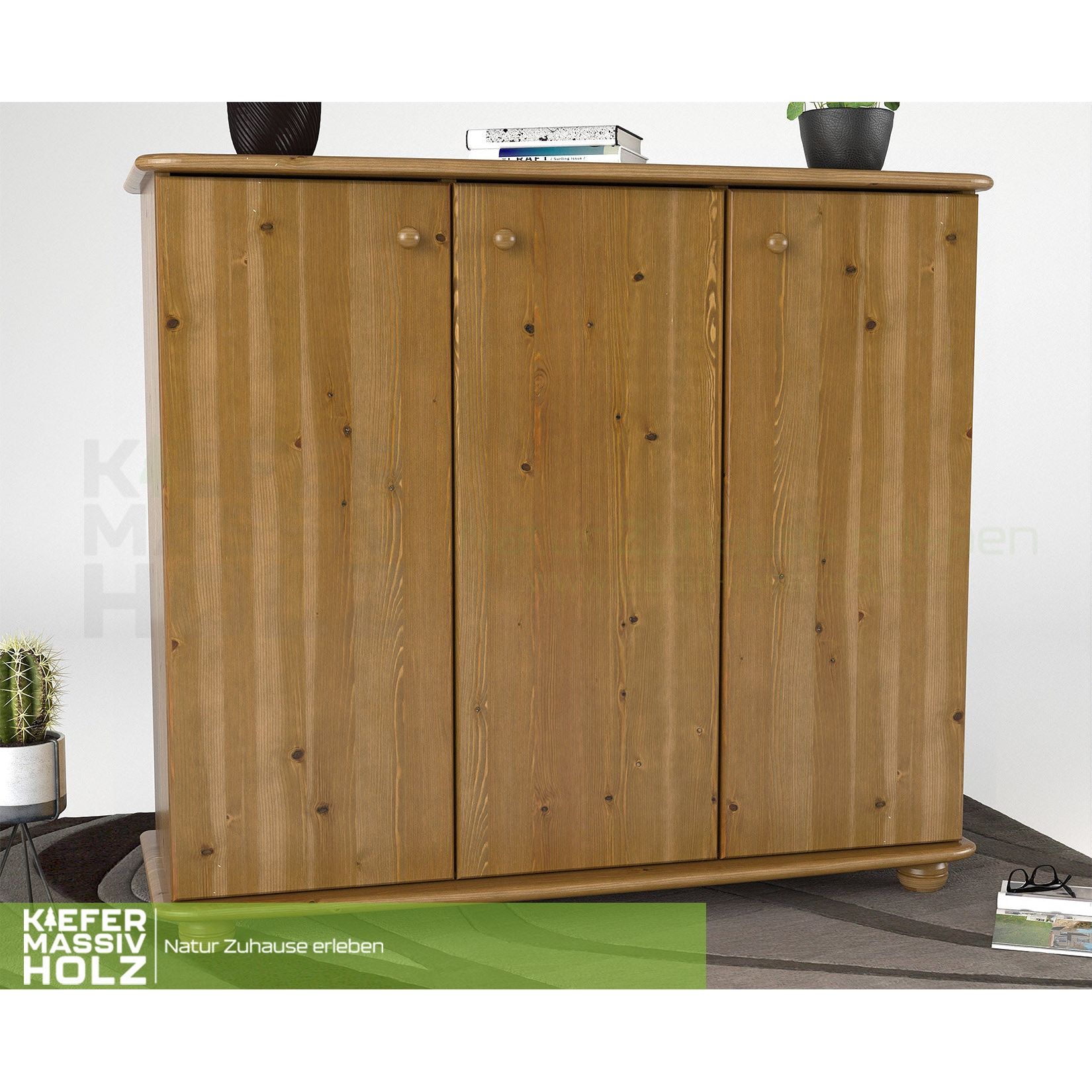 Anika Kommode Sideboard 93er | Anrichte | 3-Türig mit Regalfächer | 100% Bio Kiefer Massivholz