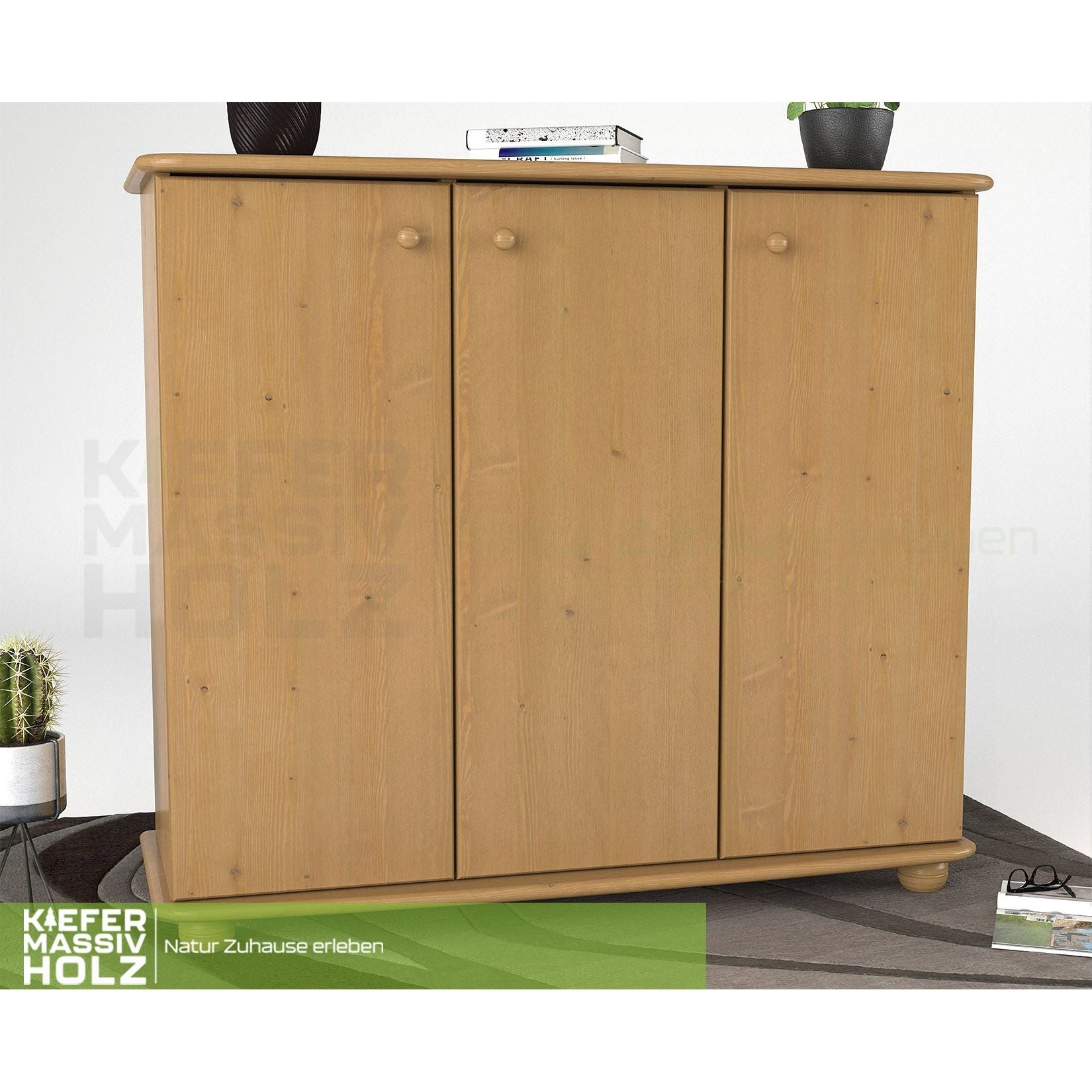 Anika Kommode Sideboard 93er | Anrichte | 3-Türig mit Regalfächer | 100% Bio Kiefer Massivholz