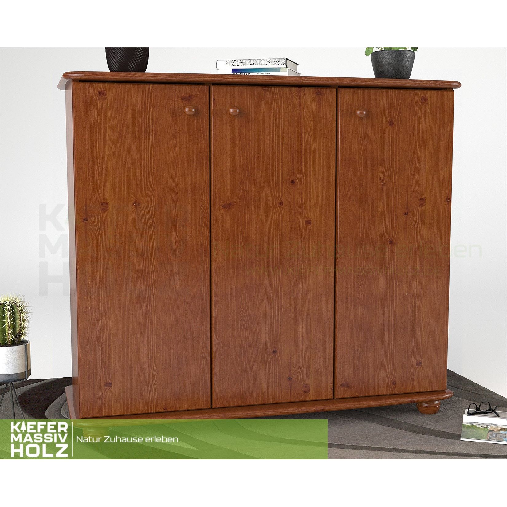 Anika Kommode Sideboard 93er | Anrichte | 3-Türig mit Regalfächer | 100% Bio Kiefer Massivholz