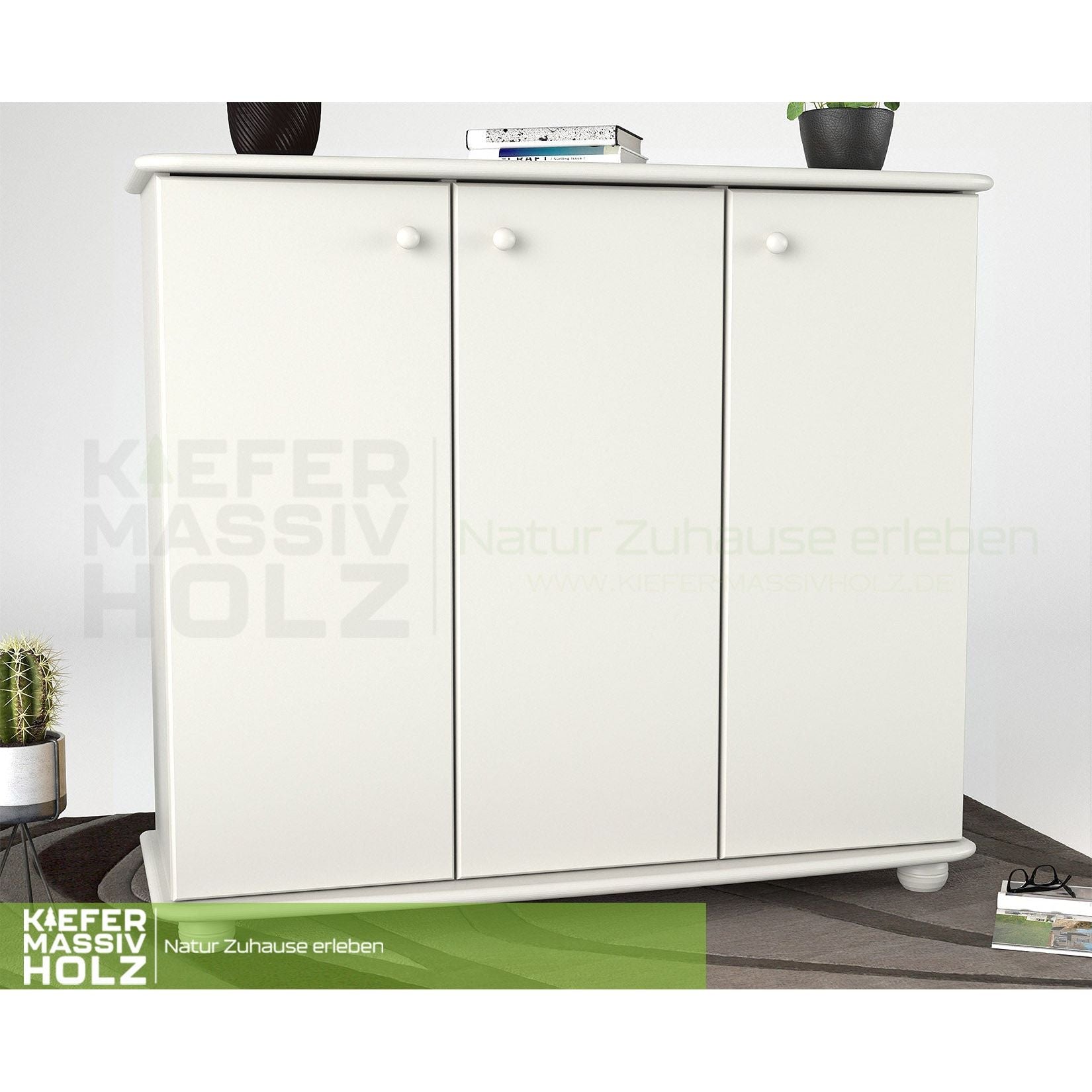 Anika Kommode Sideboard 93er | Anrichte | 3-Türig mit Regalfächer | 100% Bio Kiefer Massivholz