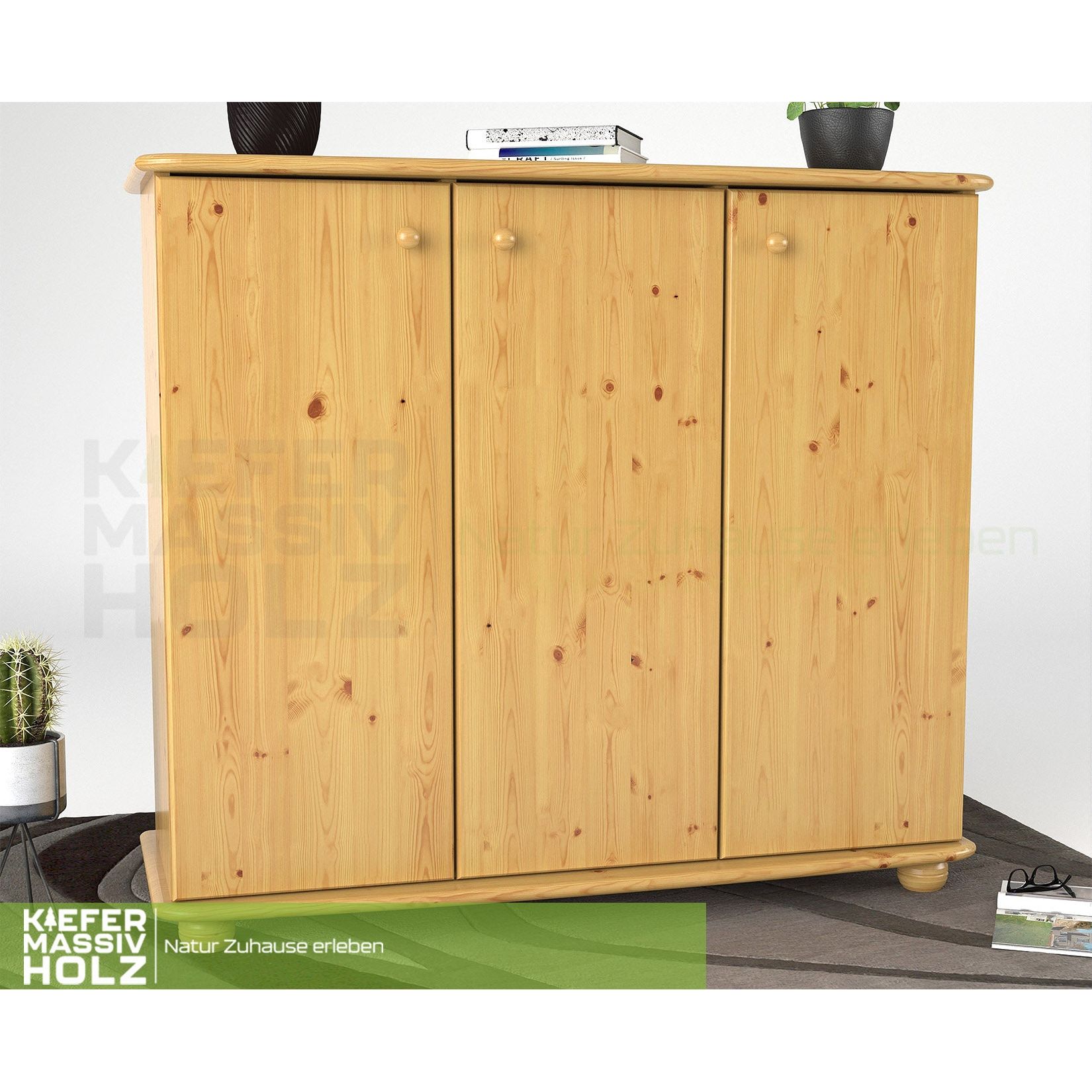 Anika Kommode Sideboard 93er | Anrichte | 3-Türig mit Regalfächer | 100% Bio Kiefer Massivholz