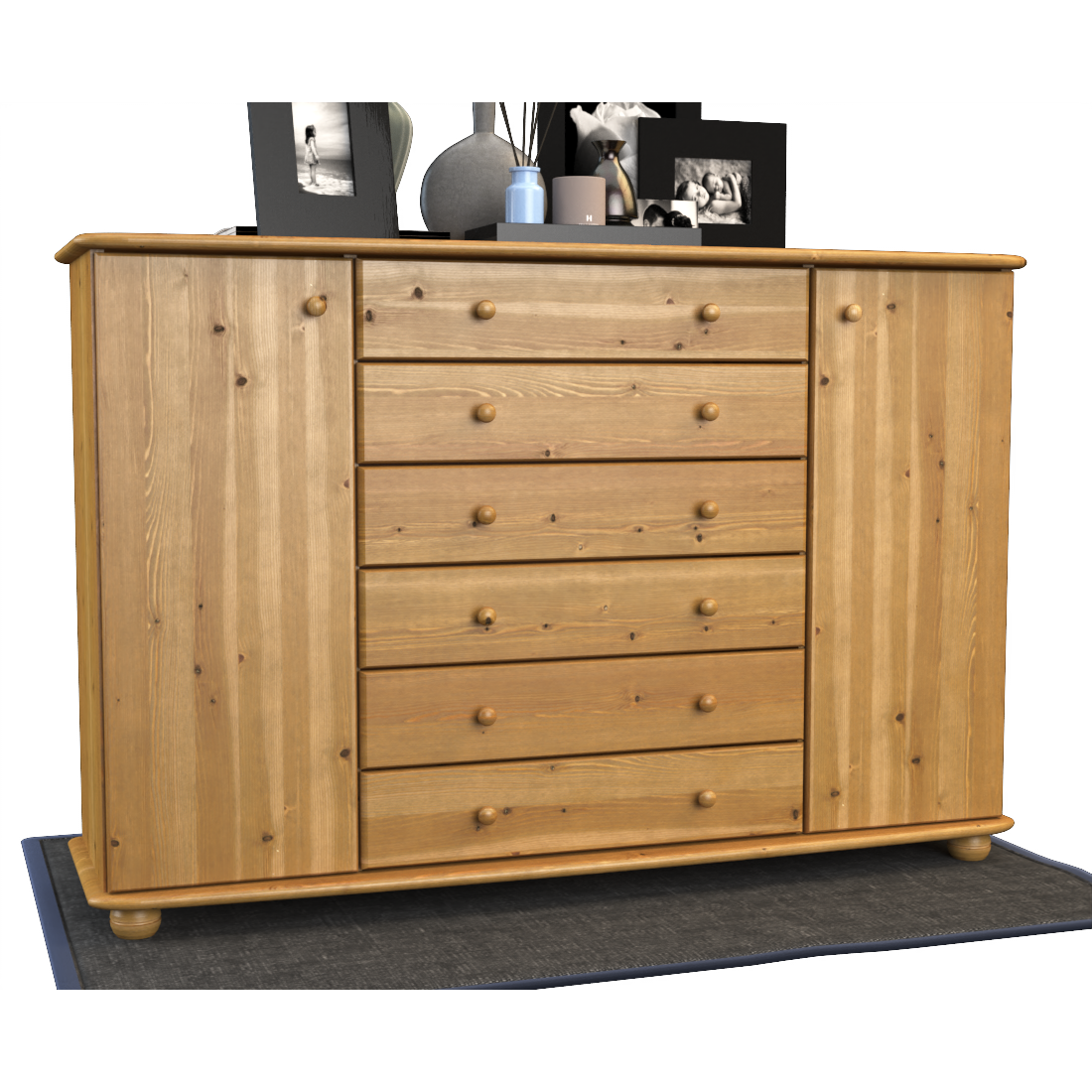 Anika Kommode XL Sideboard | Anrichte | 2-Türig | 6-Schubladen | 100% Bio Kiefer Massivholz