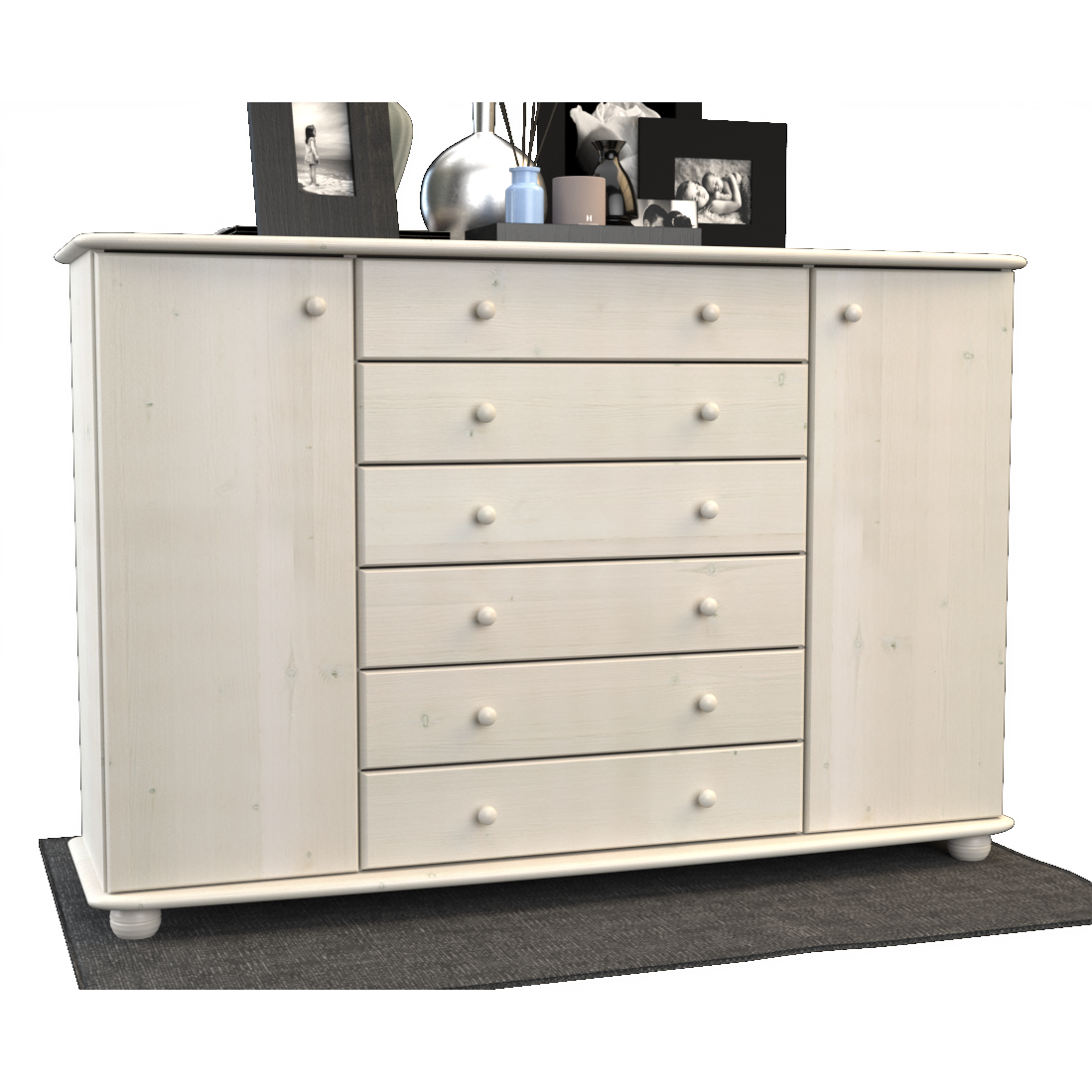 Anika Kommode XL Sideboard | Anrichte | 2-Türig | 6-Schubladen | 100% Bio Kiefer Massivholz