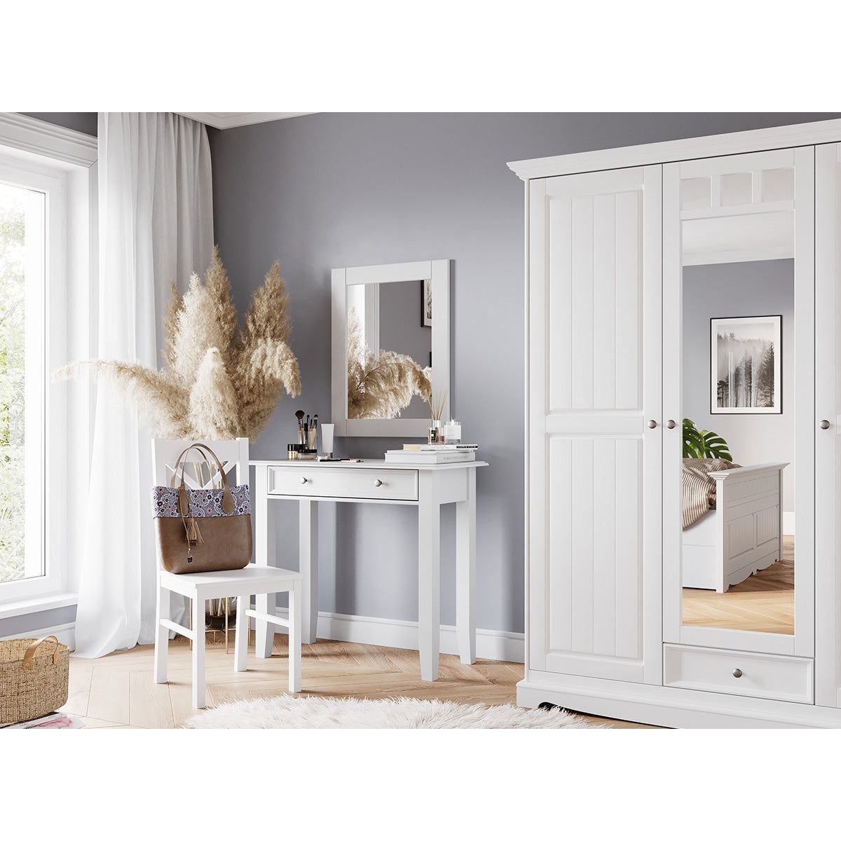 Bologna Elegante Massivholz Kiefer Kleiderschrank Spiegelschrank 3D | Farbe weiß