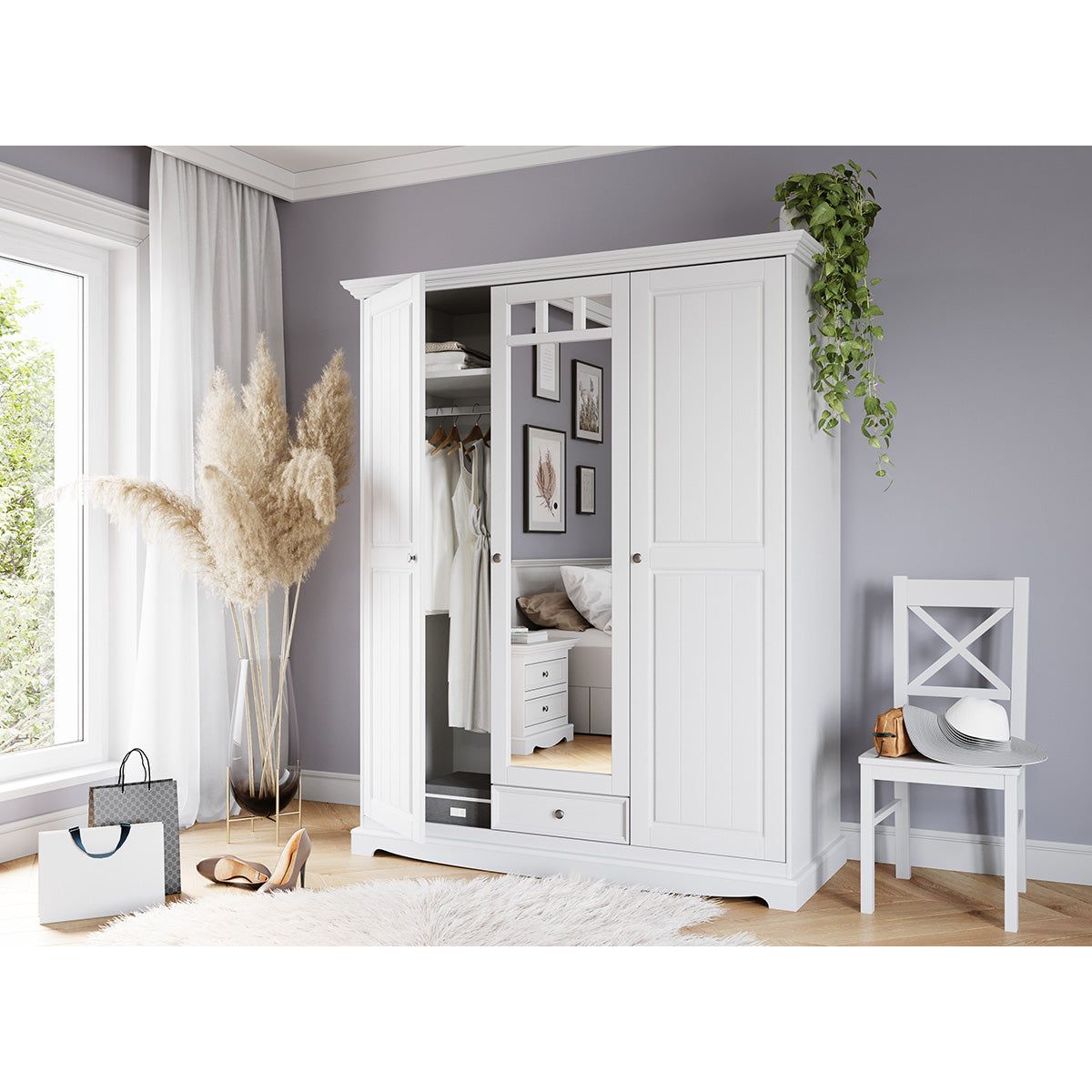 Bologna Elegante Massivholz Kiefer Kleiderschrank Spiegelschrank 3D | Farbe weiß