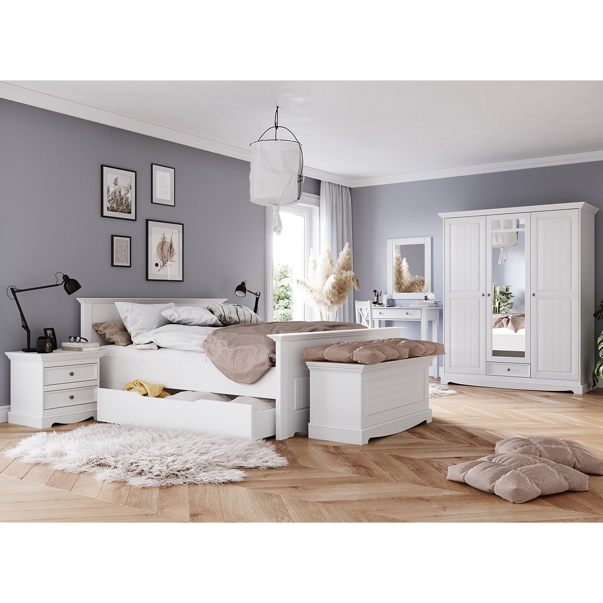 Bologna Elegante Massivholz Kiefer Kleiderschrank Spiegelschrank 3D | Farbe weiß