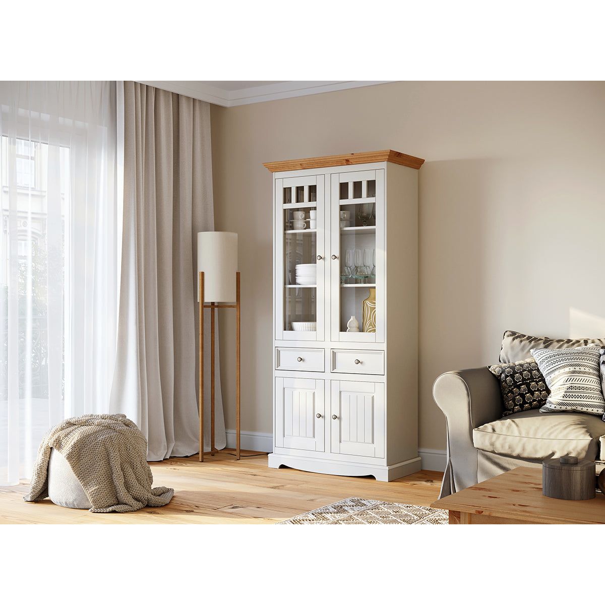Bologna Elegante Massivholz Kiefer Vitrine 2D | Farbe Weiss - Kiefer