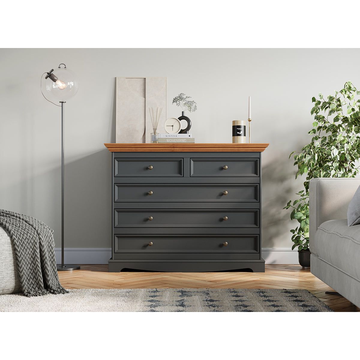 Bologna Elegante Massivholz Kiefer 5 Schubladen Kommode | Farbe Graphit - Eiche