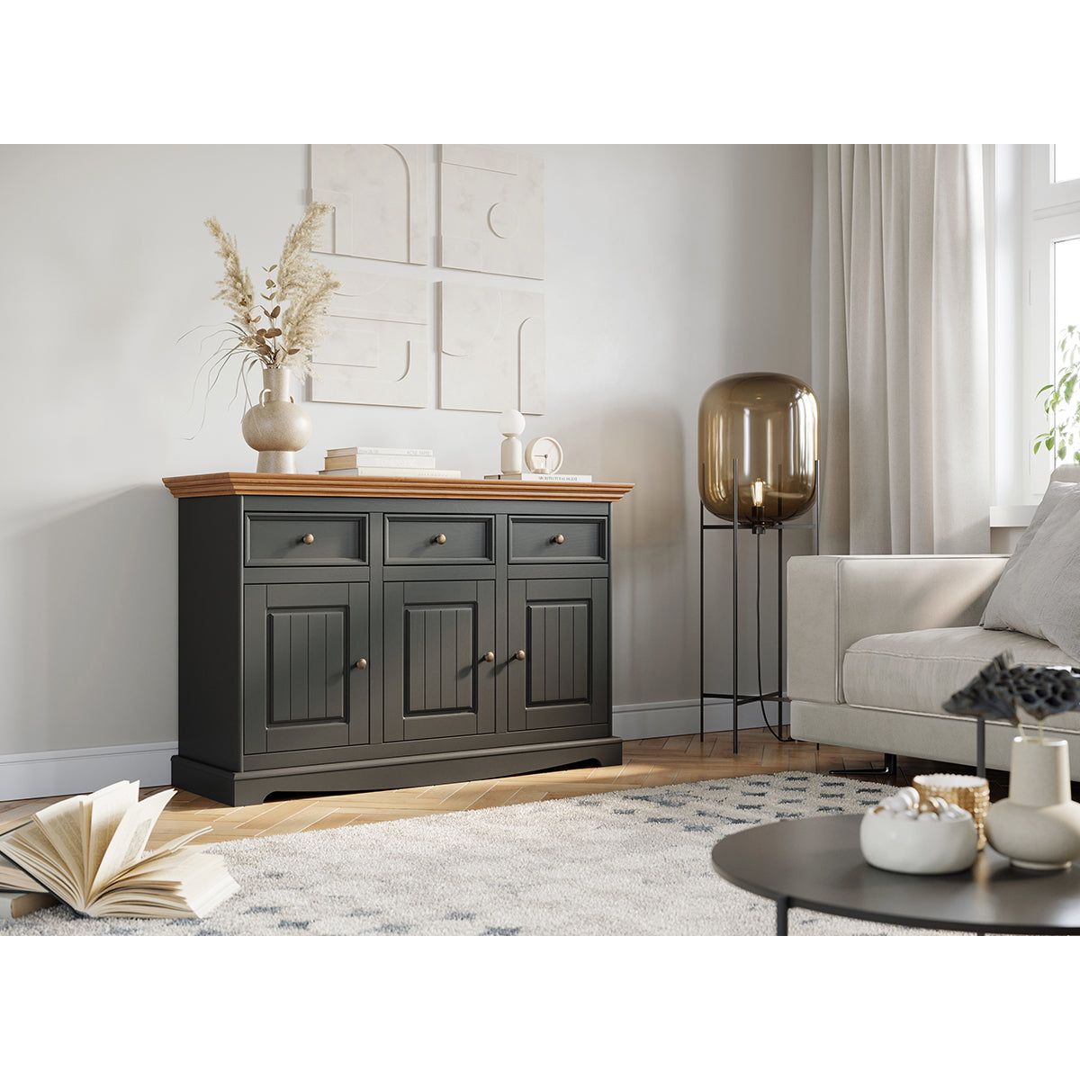 Bologna Elegante Massivholz Kiefer Kommode 3.3 | Farbe Graphit - Eiche