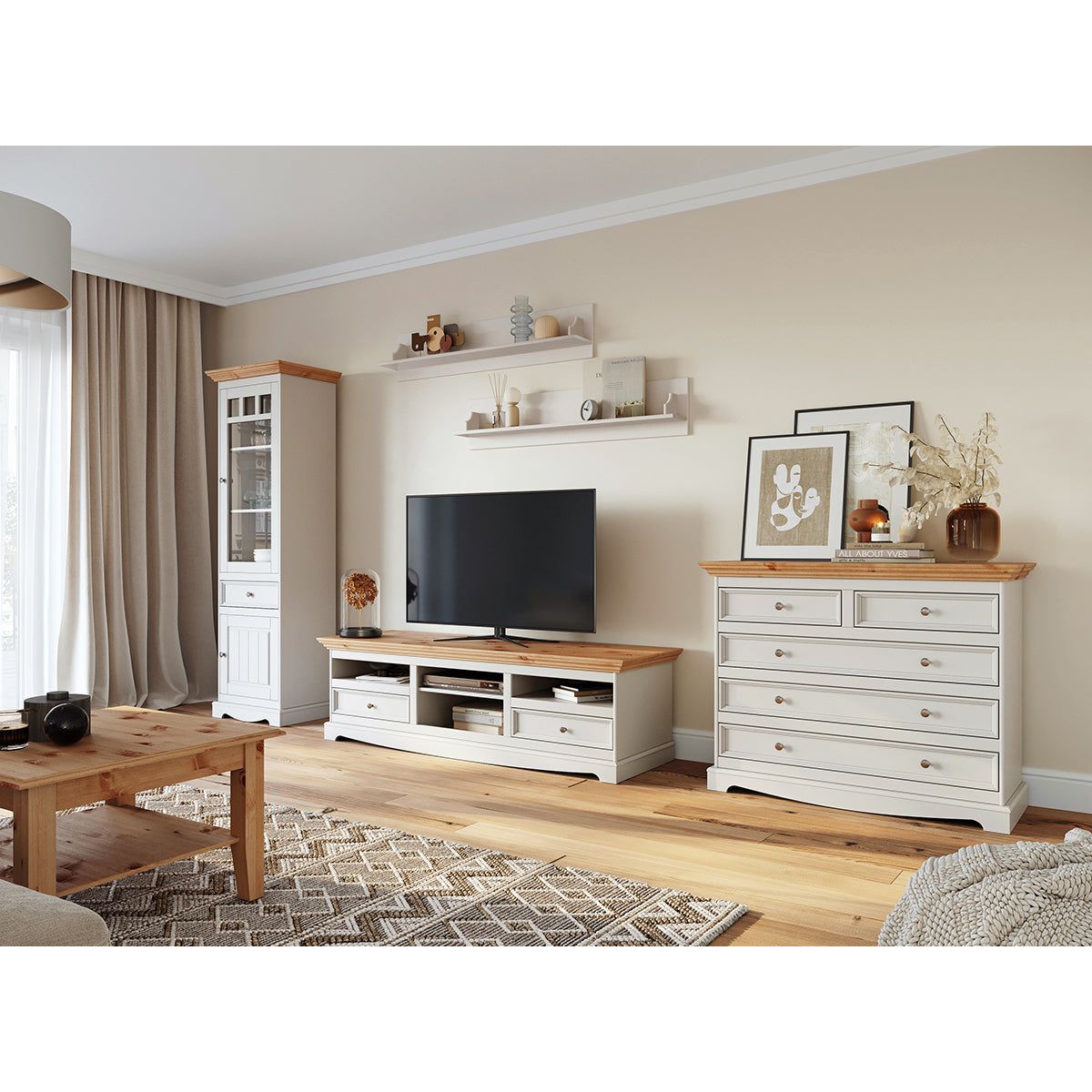 Bologna Elegante Massivholz Kiefer Vitrine 1-Türig | Farbe Weiß - Kiefer