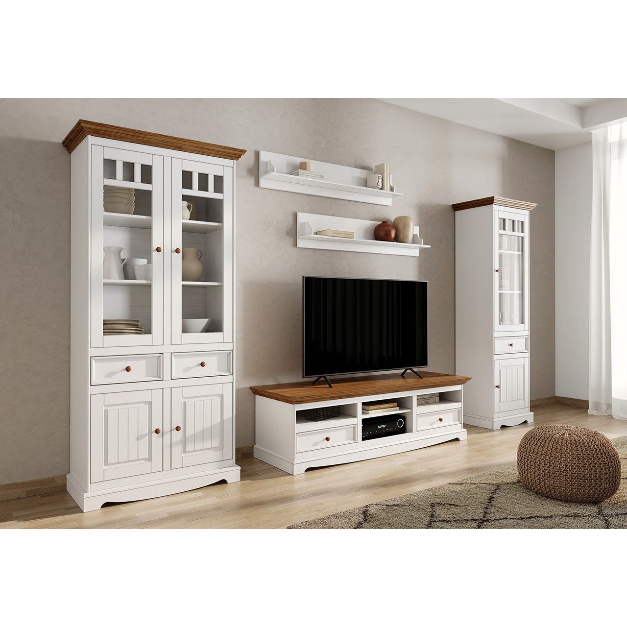 Bologna Elegante Massivholz Kiefer Vitrine 1-Türig | Farbe Weiß - Eiche