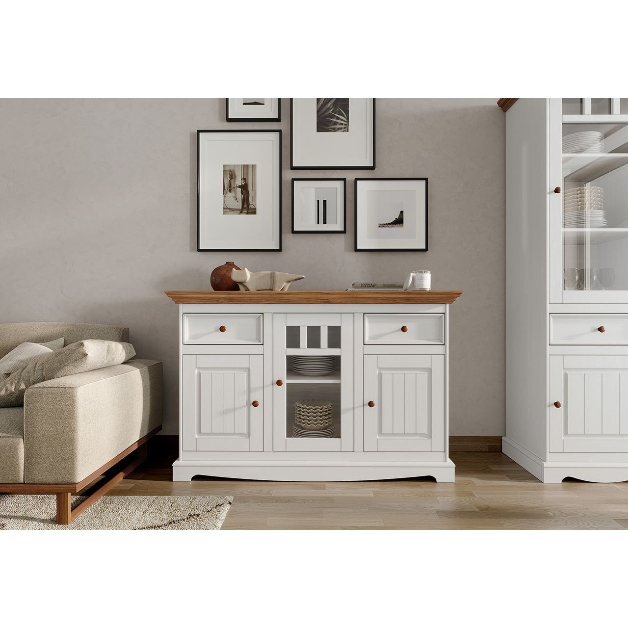 Bologna Elegante Massivholz Kiefer Kommode 3D | Farbe Weiß - Eiche