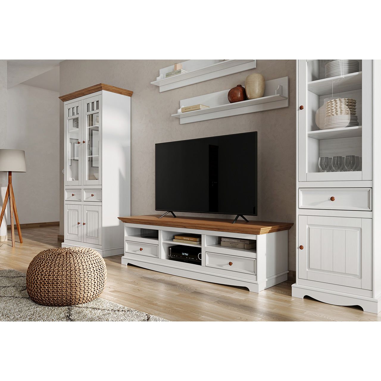 Bologna Elegante Massivholz Kiefer Vitrine 1-Türig | Farbe Weiß - Eiche