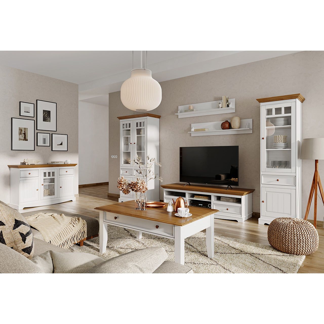 Bologna Elegante Massivholz Kiefer Vitrine 1-Türig | Farbe Weiß - Eiche