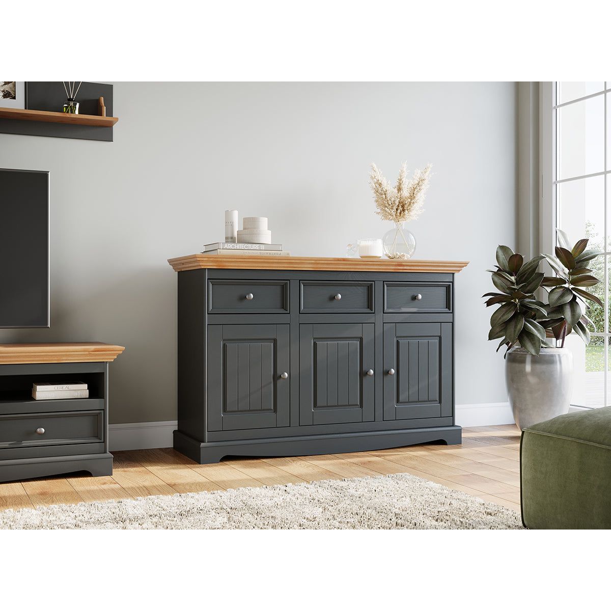 Bologna Elegante Massivholz Kiefer Kommode 3.3 | Farbe Graphit - Kiefer