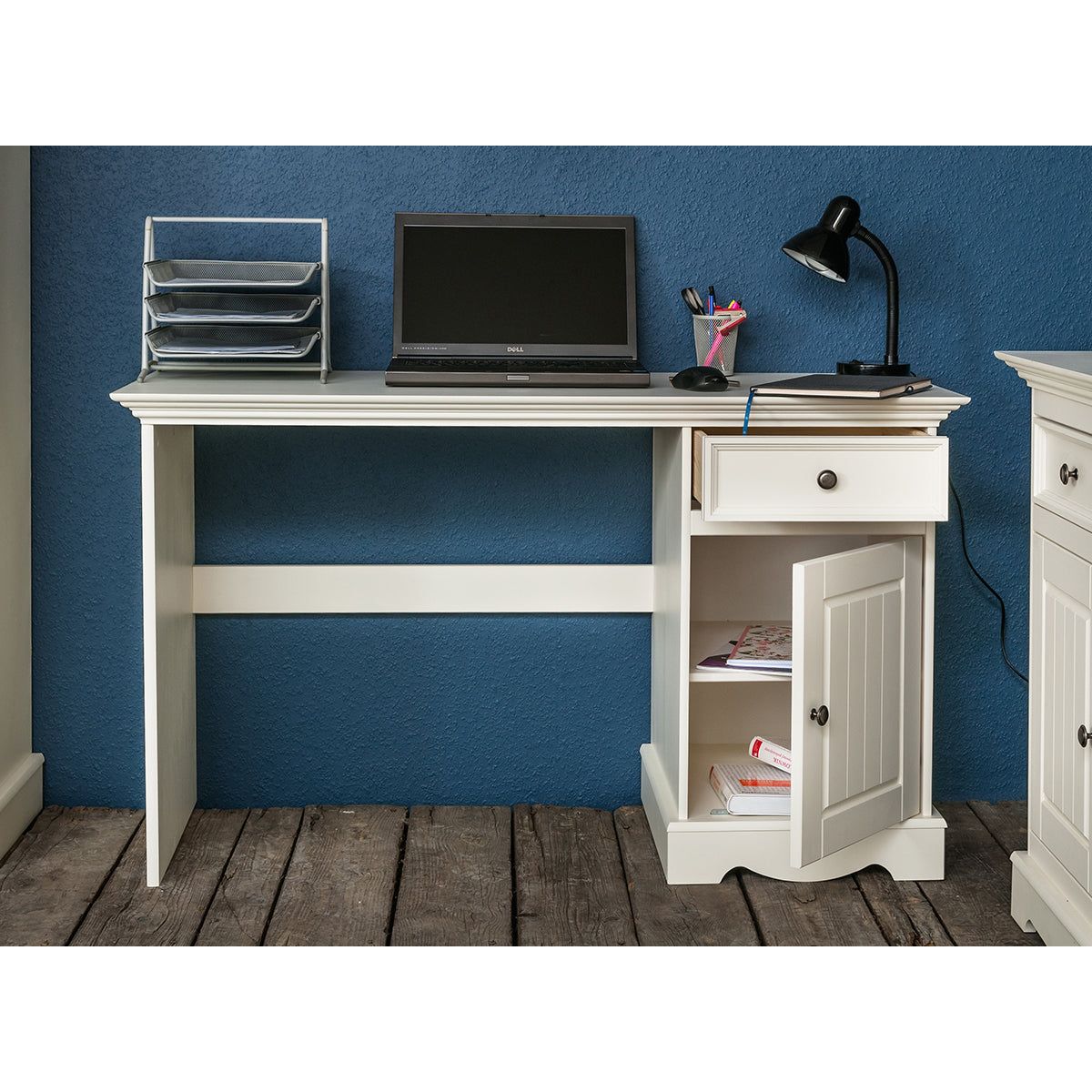 Bologna Elegante Massivholz Kiefer Schreibtisch 1-Türig | Farbe weiß