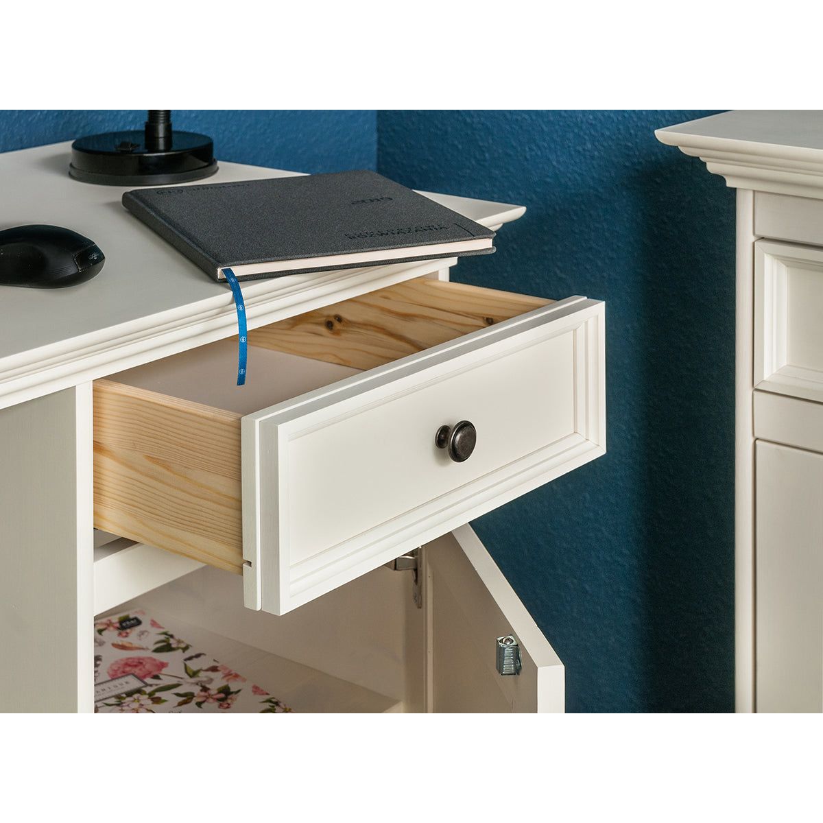 Bologna Elegante Massivholz Kiefer Schreibtisch 1-Türig | Farbe weiß