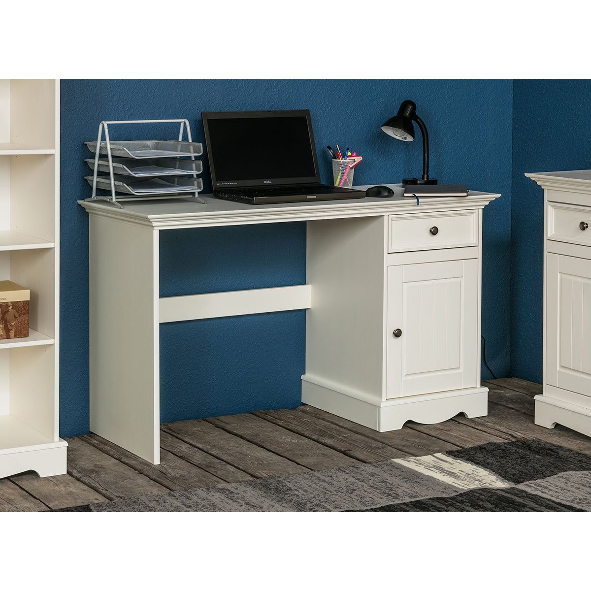 Bologna Elegante Massivholz Kiefer Schreibtisch 1-Türig | Farbe weiß