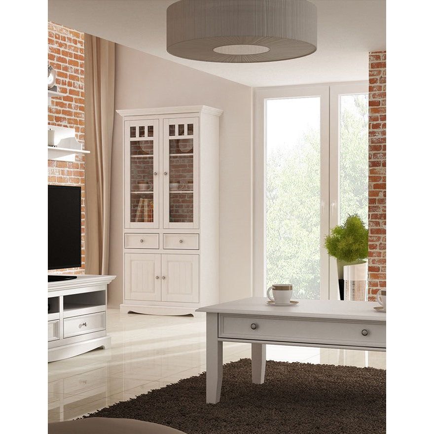 Bologna Elegante Massivholz Kiefer Vitrine 2D | Farbe weiß