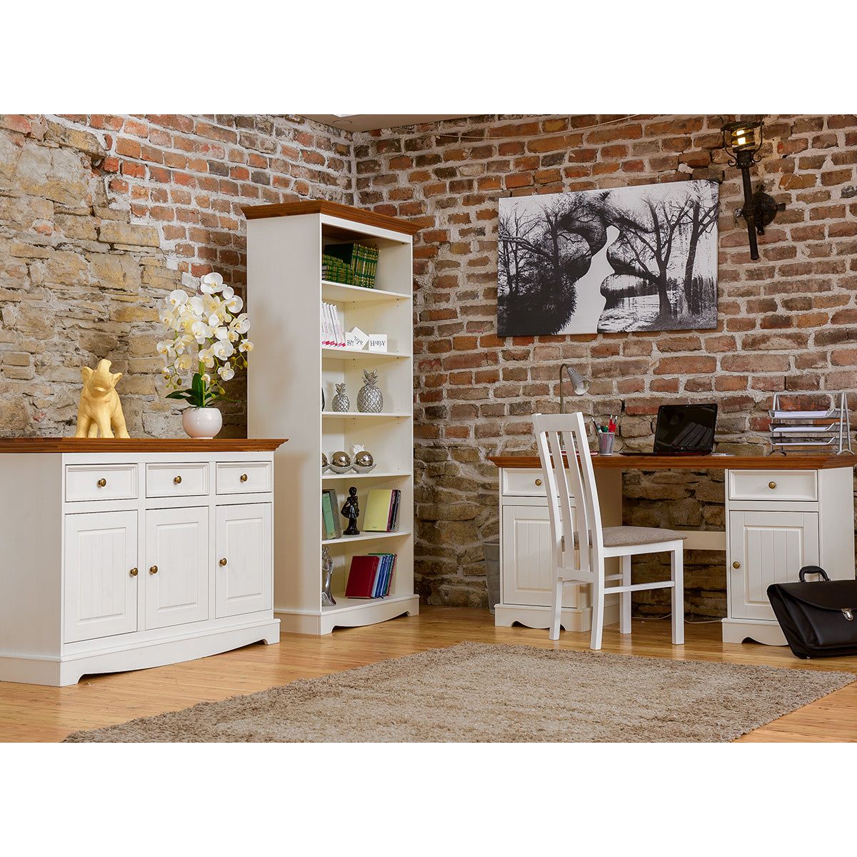 Bologna Elegante Massivholz Kiefer Schreibtisch | Farbe Weiß - Eiche