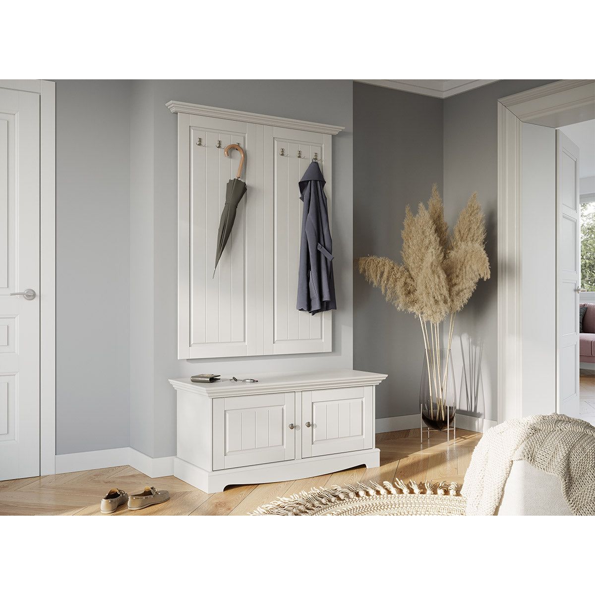 Bologna Elegante Massivholz Kiefer Garderobe Doppel Wandpanel | Farbe weiß