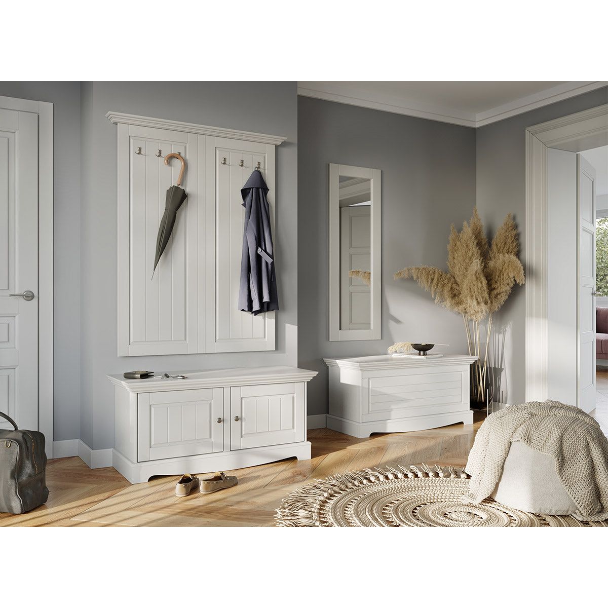 Bologna Elegante Massivholz Kiefer Garderobe Doppel Wandpanel | Farbe weiß