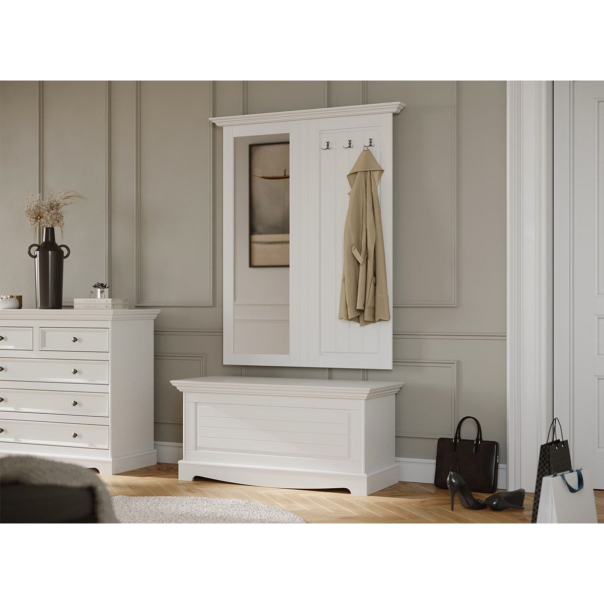 Bologna Elegante Massivholz Kiefer Spiegel Garderobe | Farbe weiß